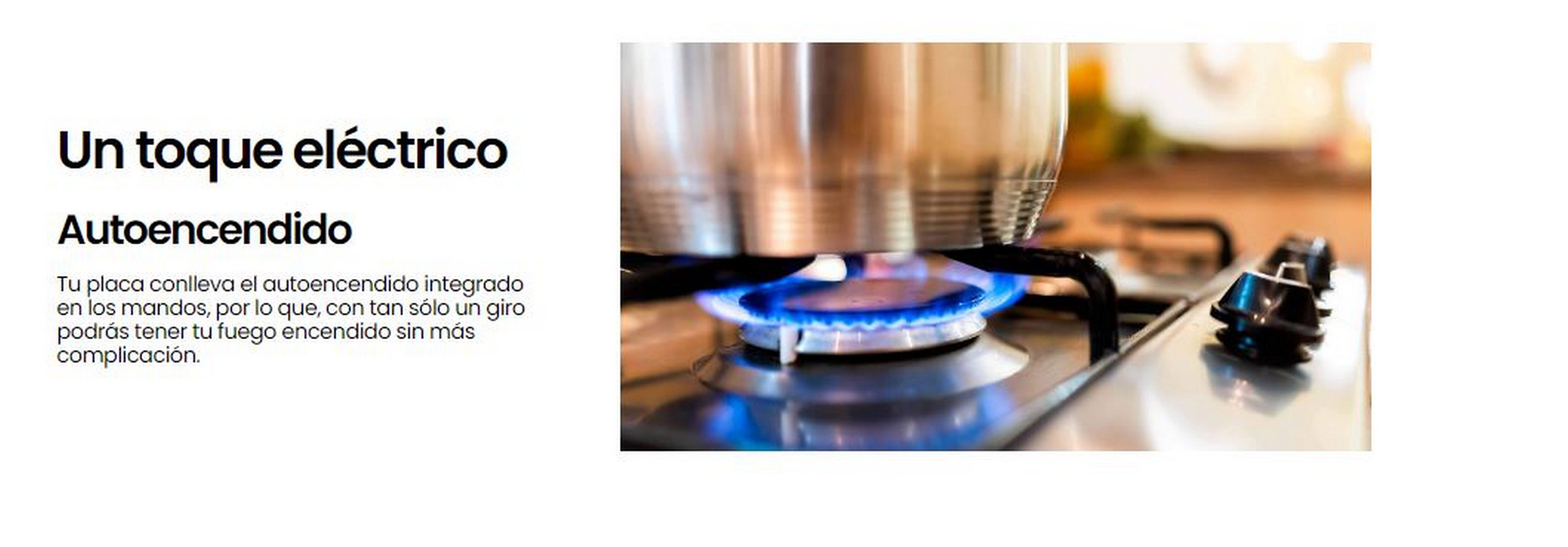 Estufa de gas con llamas azules. Texto: toque eléctrico, encendido automático y fácil de usar.