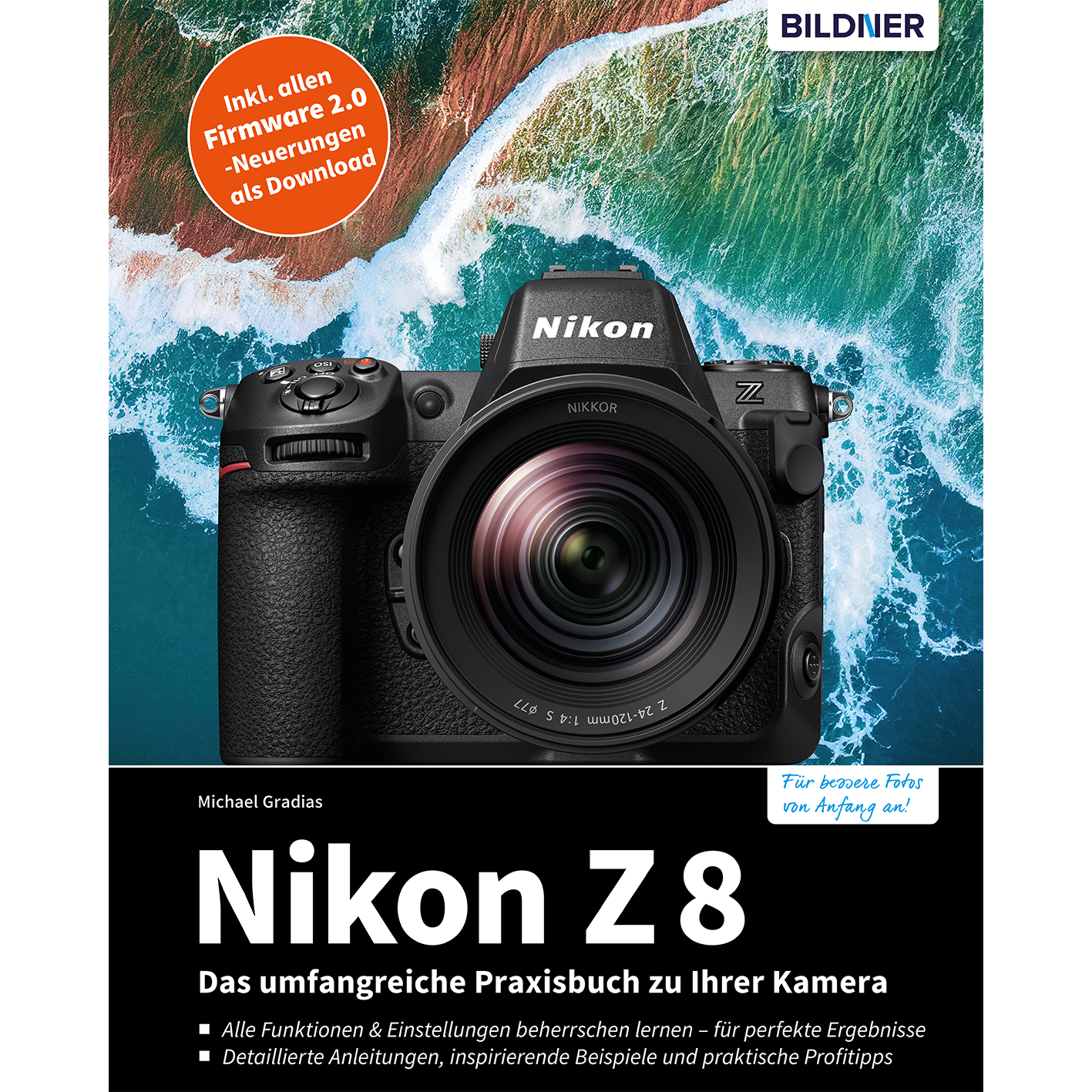 Nikon Z8 Kamera und Buchcover. Text auf Englisch und Deutsch, bunter Hintergrund.