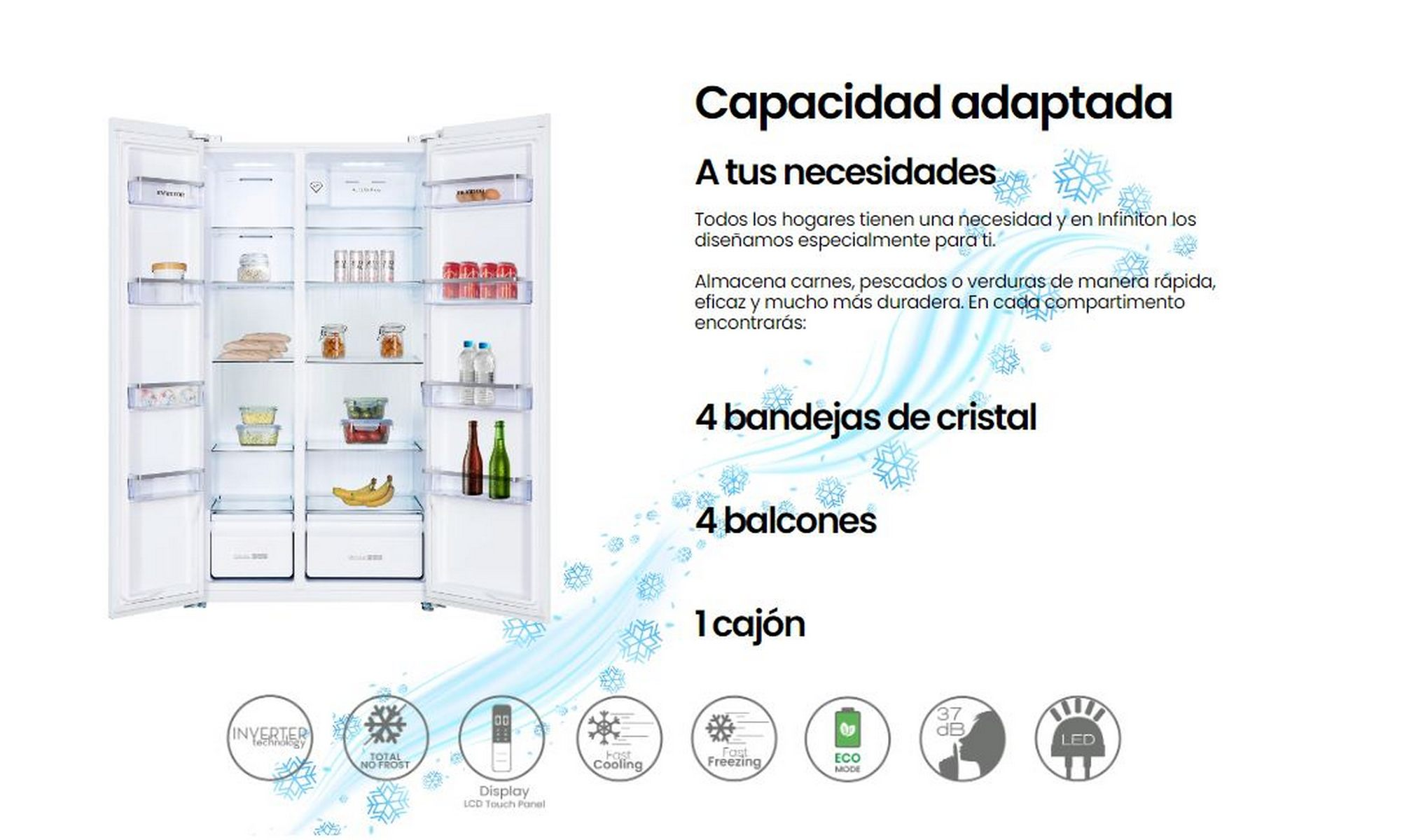 Un refrigerador blanco con las puertas abiertas, mostrando estantes con comida. El texto detalla características como estantes y cajones.