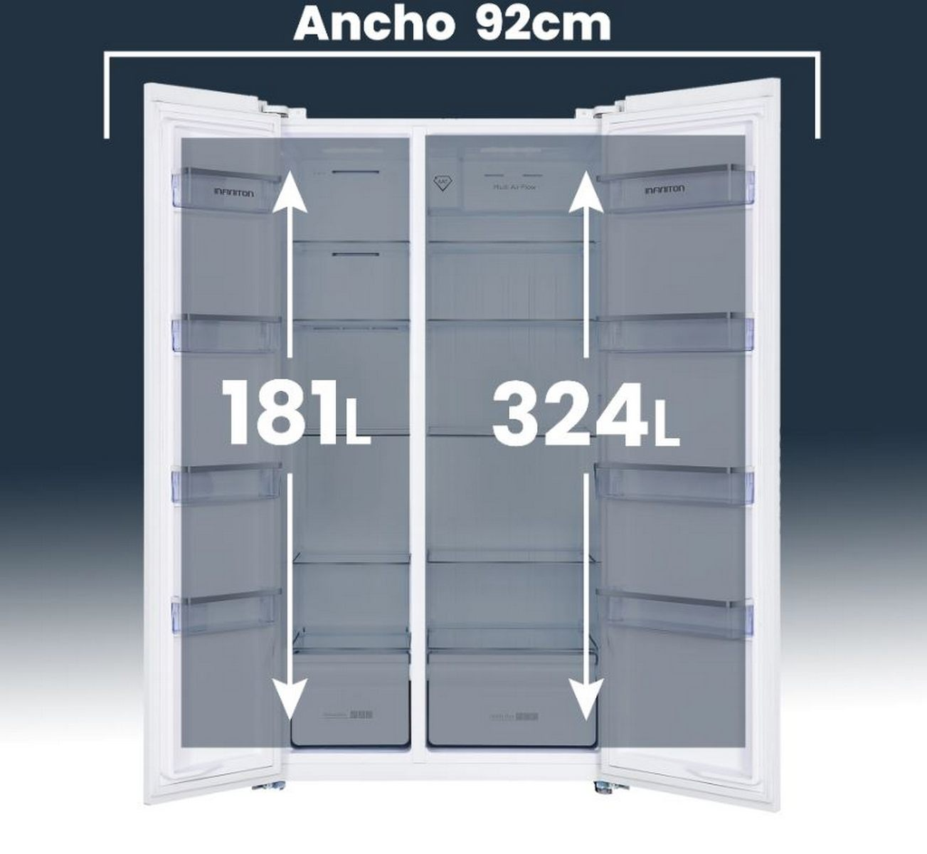 Refrigerador abierto mostrando compartimentos de 181L y 324L. Puertas y estantes blancos.