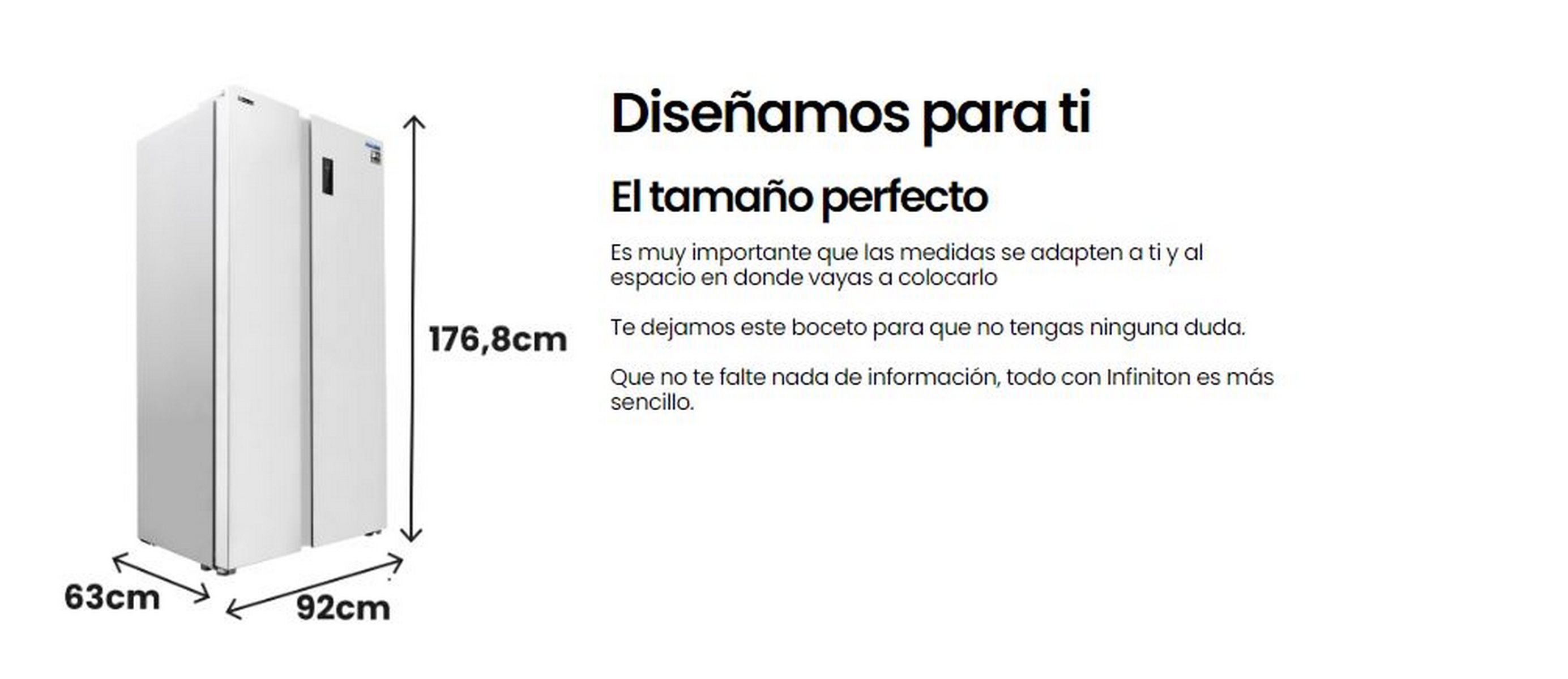 Dos refrigeradores blancos lado a lado. Texto resalta dimensiones: 63cm x 92cm x 176,8cm.