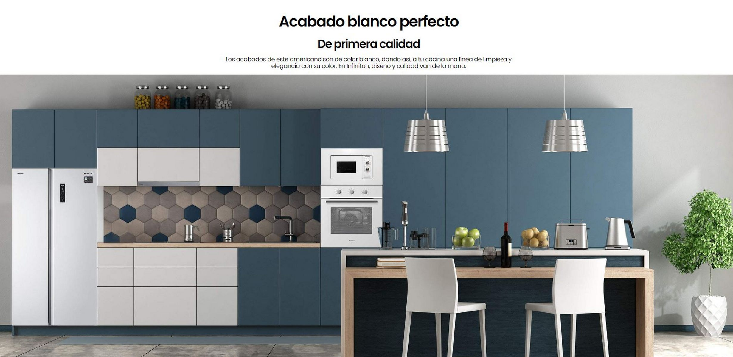 Cocina moderna azul y blanca con electrodomésticos y una isla de madera.