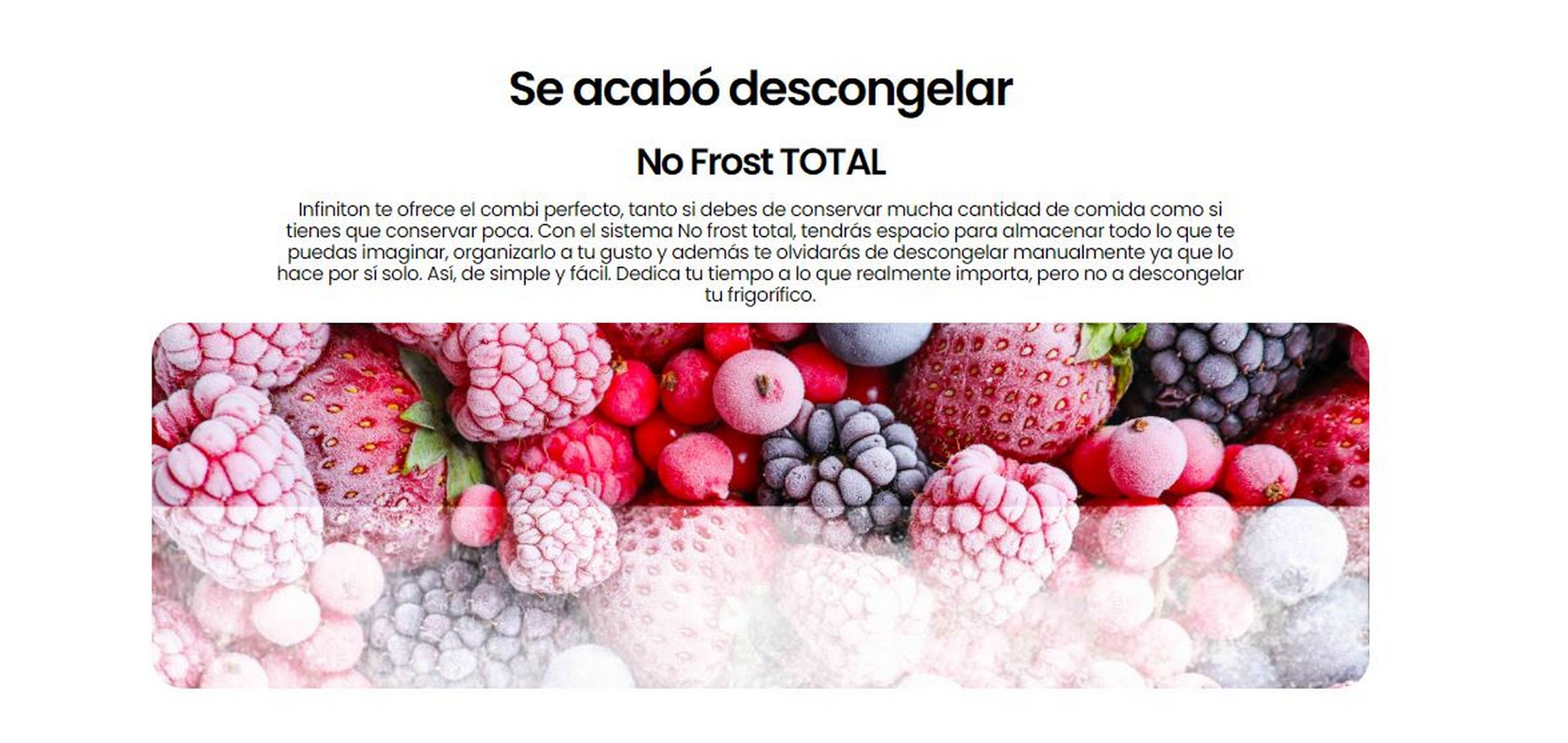 Texto y una variedad de bayas congeladas. El texto está en español.