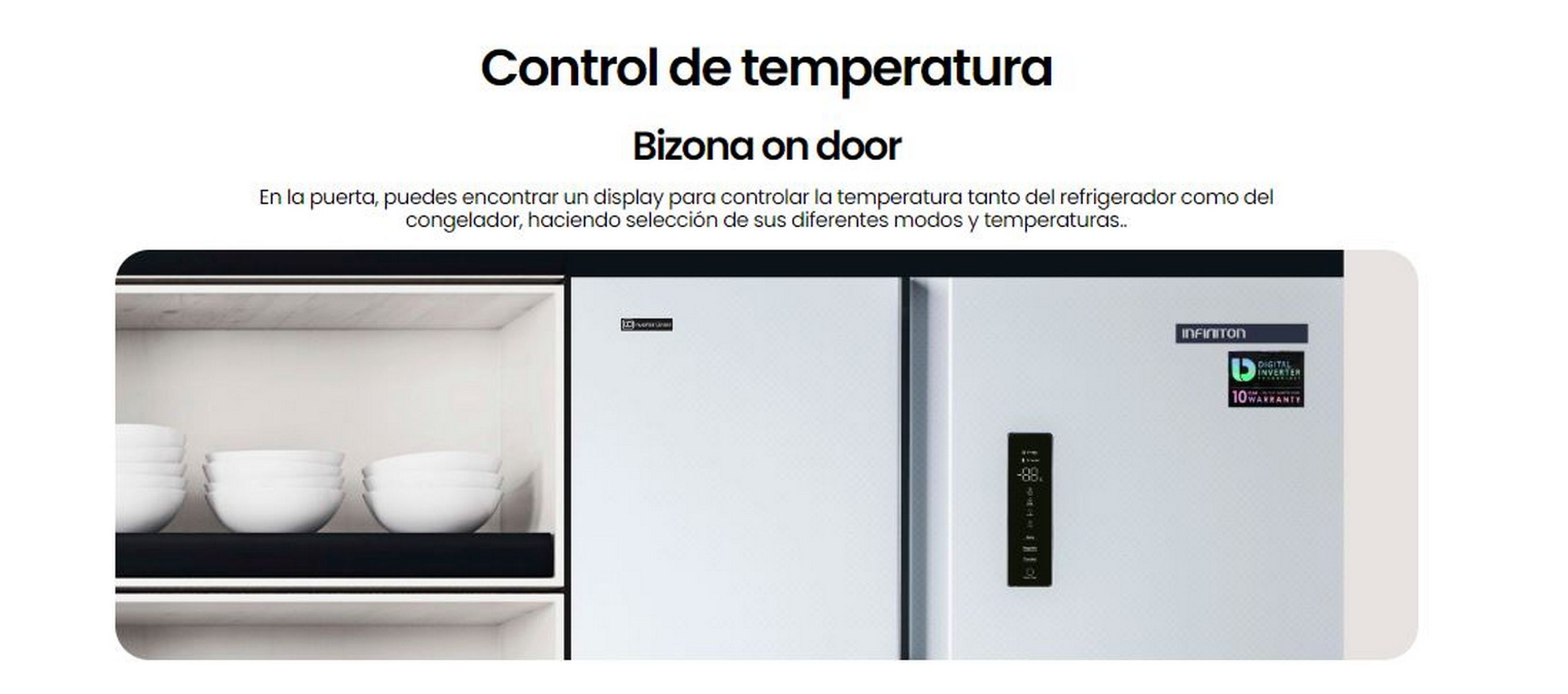 Una puerta de nevera blanca con una pantalla mostrando la temperatura y una estantería con cuencos blancos.