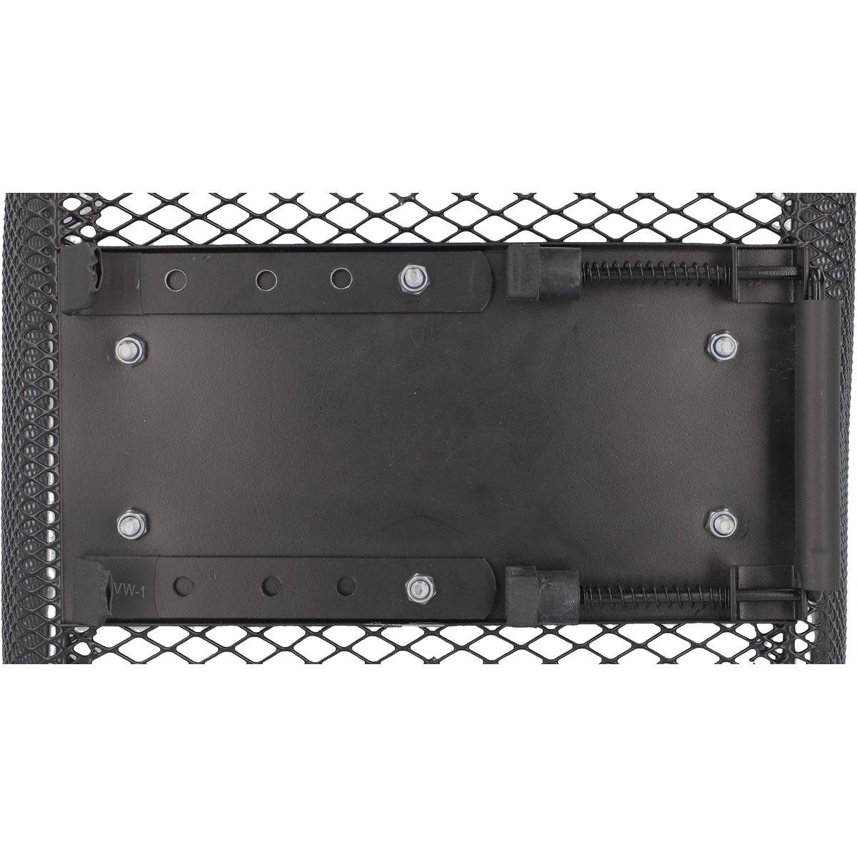 Una base de marco de metal negro con una malla y una placa de metal negro.
