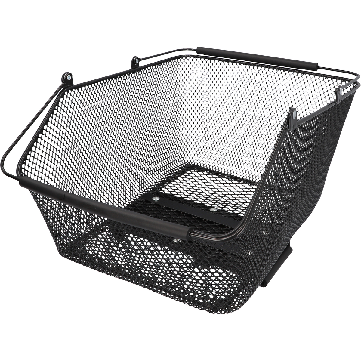 Una cesta de bicicleta de malla de alambre negra con asa y soportes de montaje. Está vacía.