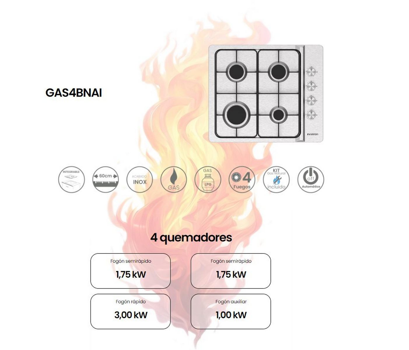 Encimera de gas con cuatro quemadores, logotipos y etiquetas, con llamas de fondo.