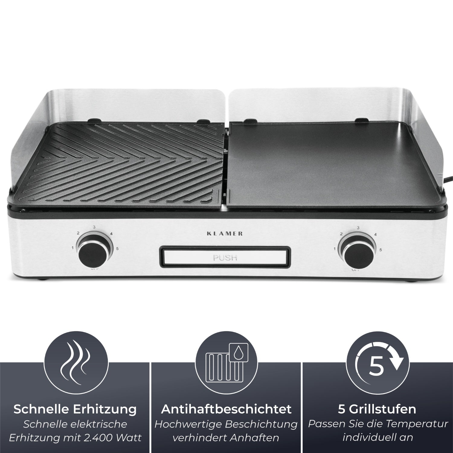 Ein silberner und schwarzer Grill mit dem Text 'Klamer' und Funktionssymbolen.