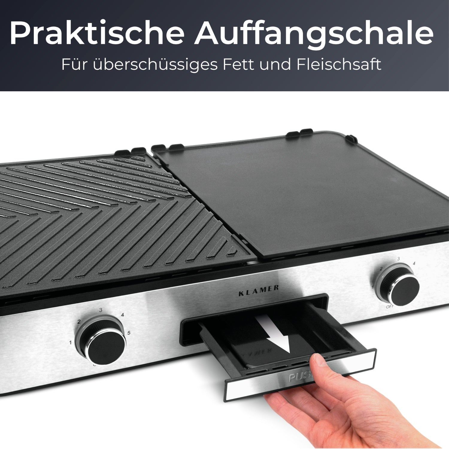 Ein Edelstahlgrill mit zwei Kochflächen. Eine Schublade wird herausgezogen. Weißer Hintergrund.