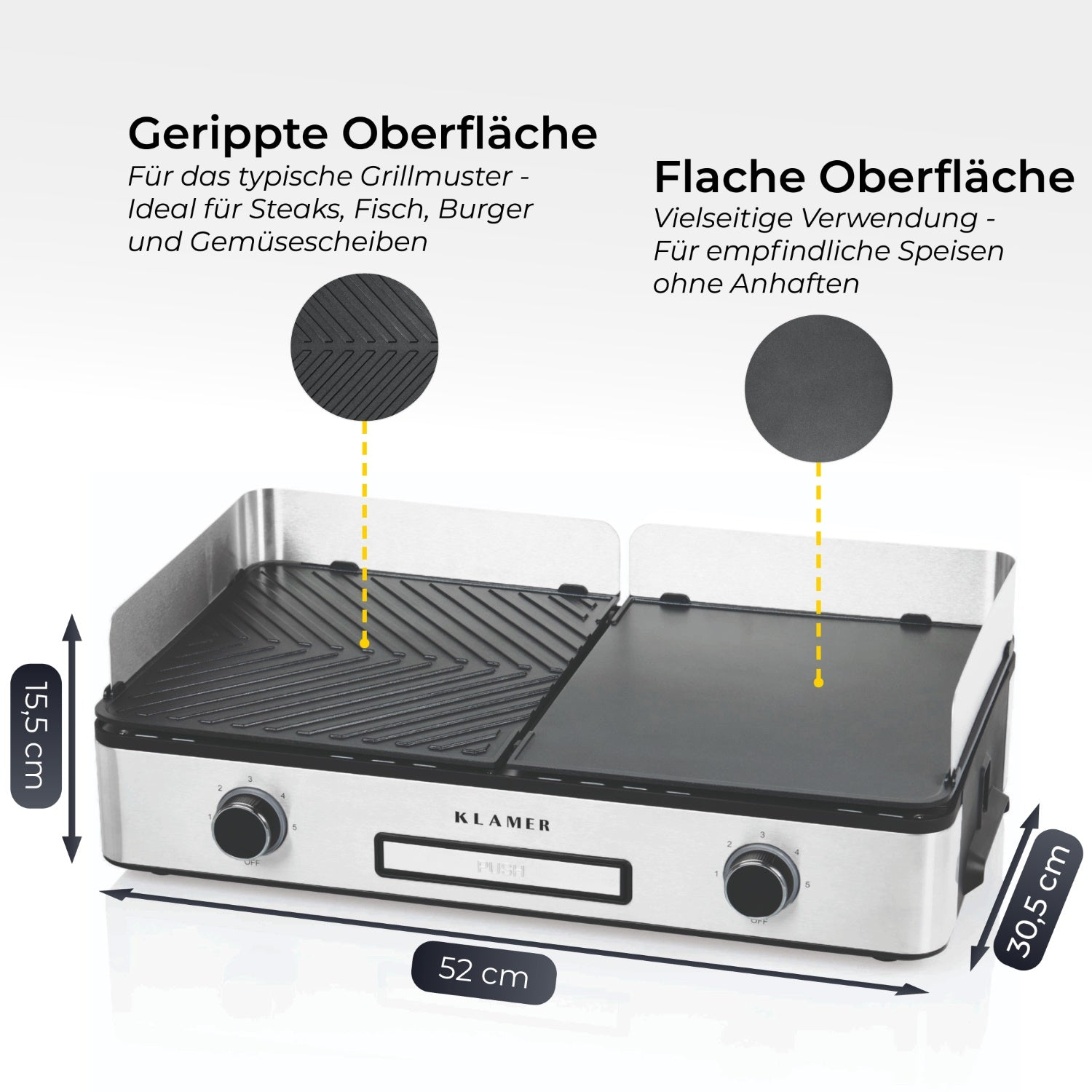 Metallgrill mit zwei Kochflächen, Textbeschriftungen mit Abmessungen und Funktionen.