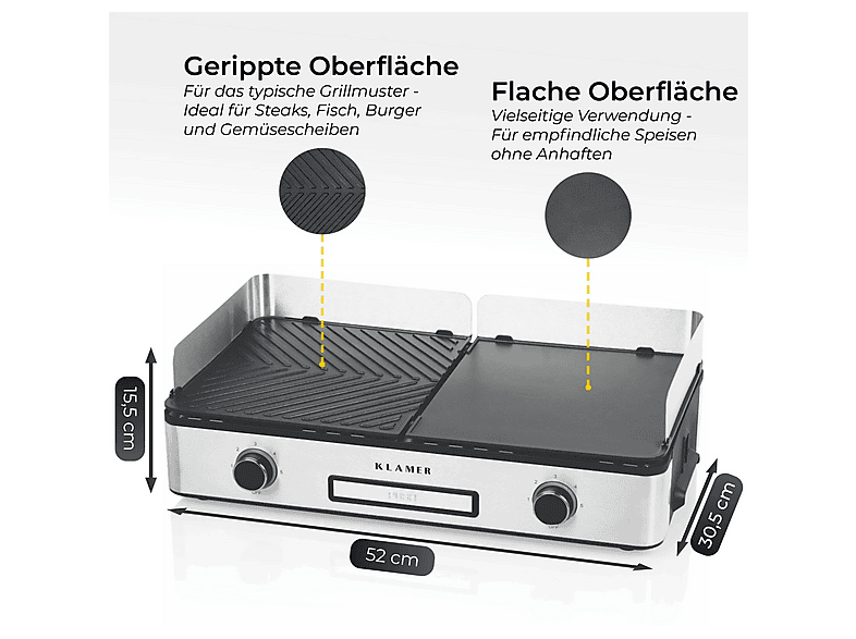 KLAMER Tischgrill Elektrogrill, Schwarz / Silber (2400 Watt)