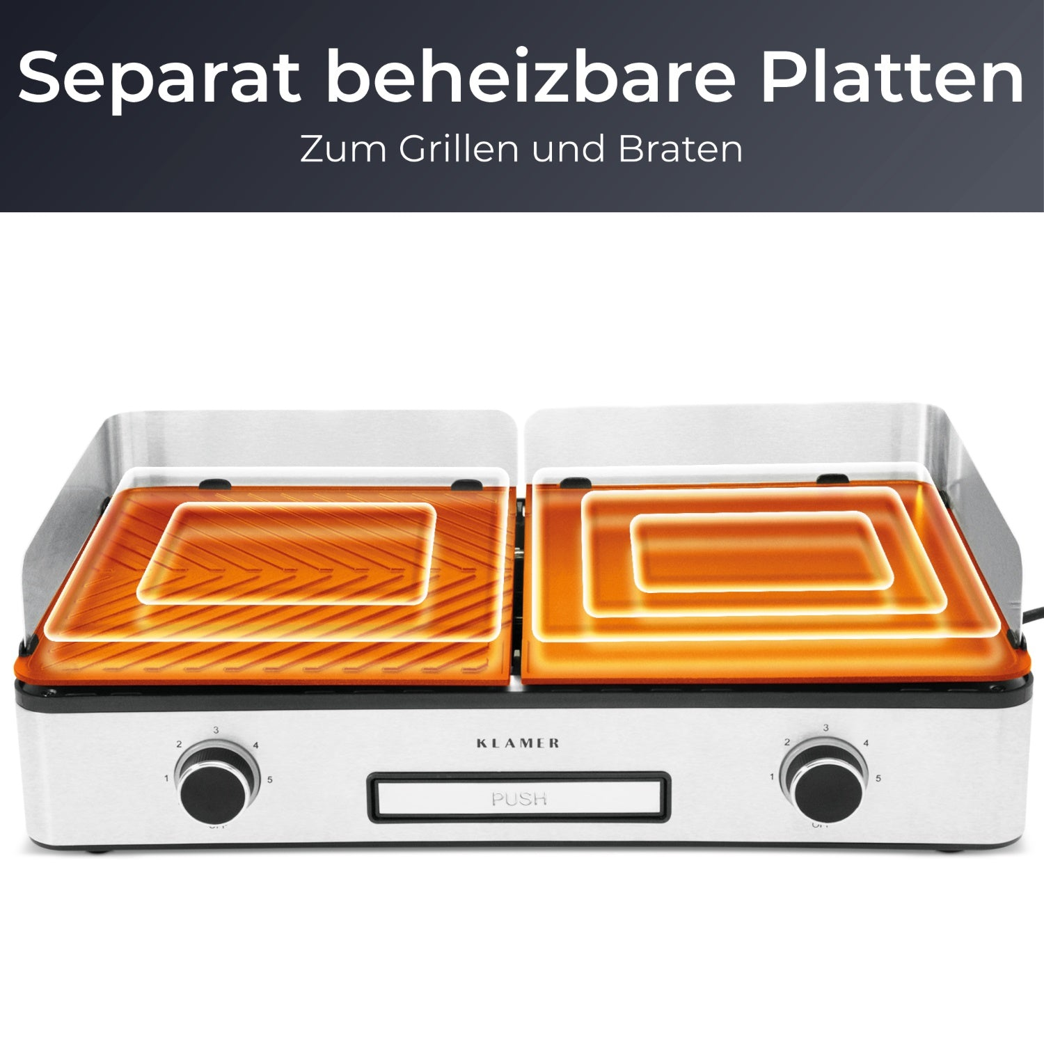 Elektrischer Grill mit separaten Heizplatten, orangefarbenes Leuchten. Schwarze Bedienelemente.
