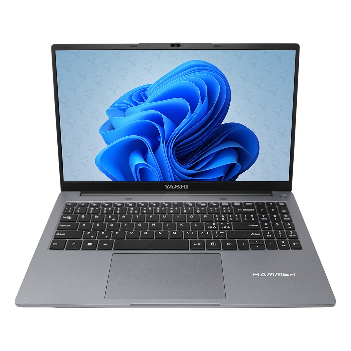 Laptop grigio con tastiera nera e schermo con immagine astratta blu. Il marchio 'Yashi' è visibile.