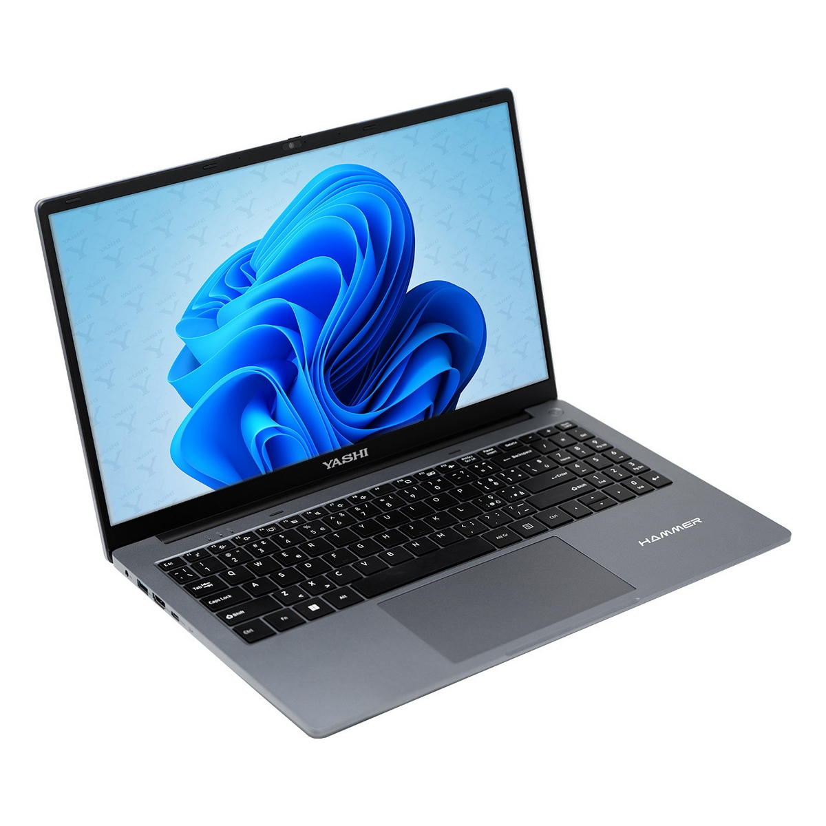 Laptop aperto, corpo grigio, schermo blu con design a spirale blu, sfondo bianco.