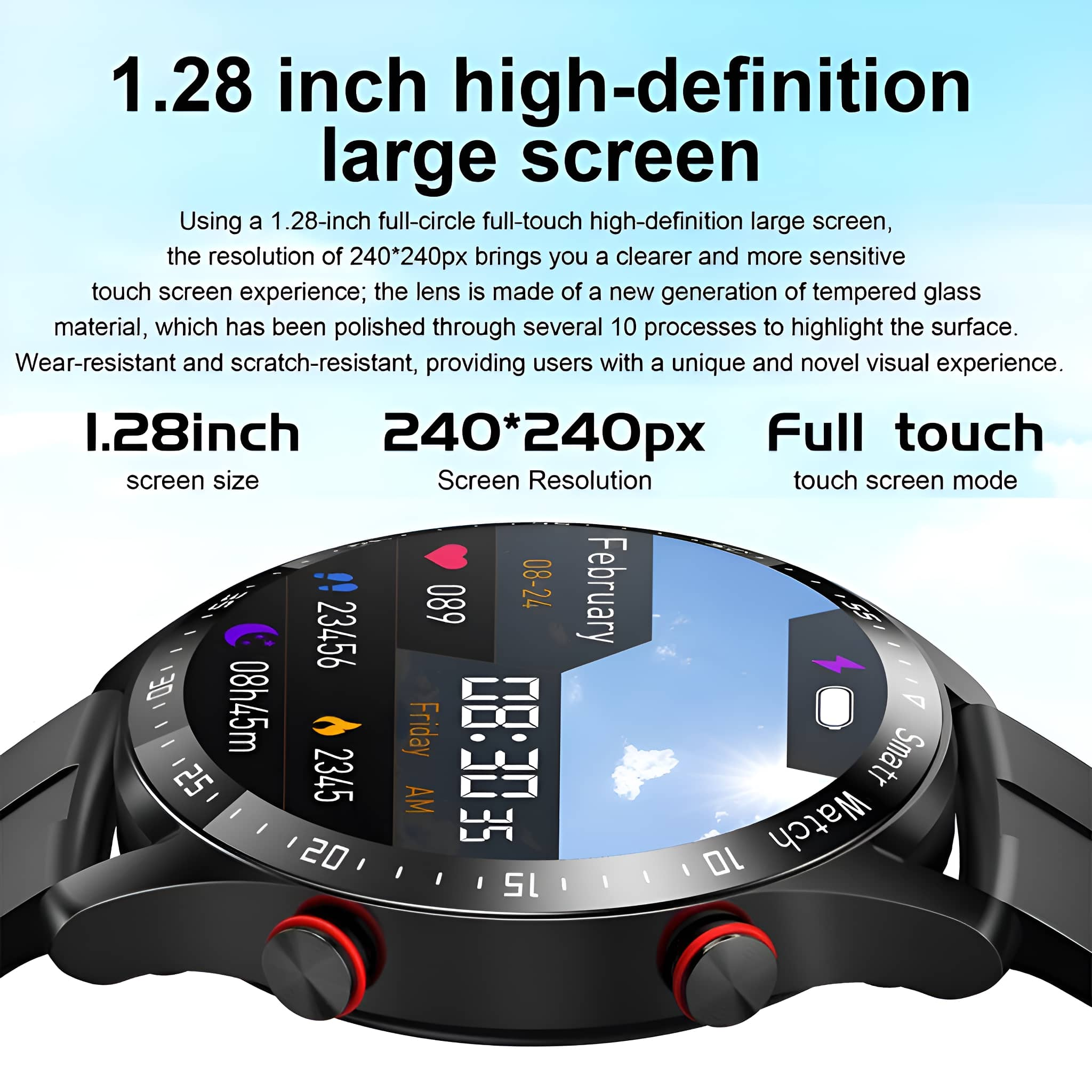 Eine Smartwatch mit schwarzem Armband, die Zeit und andere Daten anzeigt.
