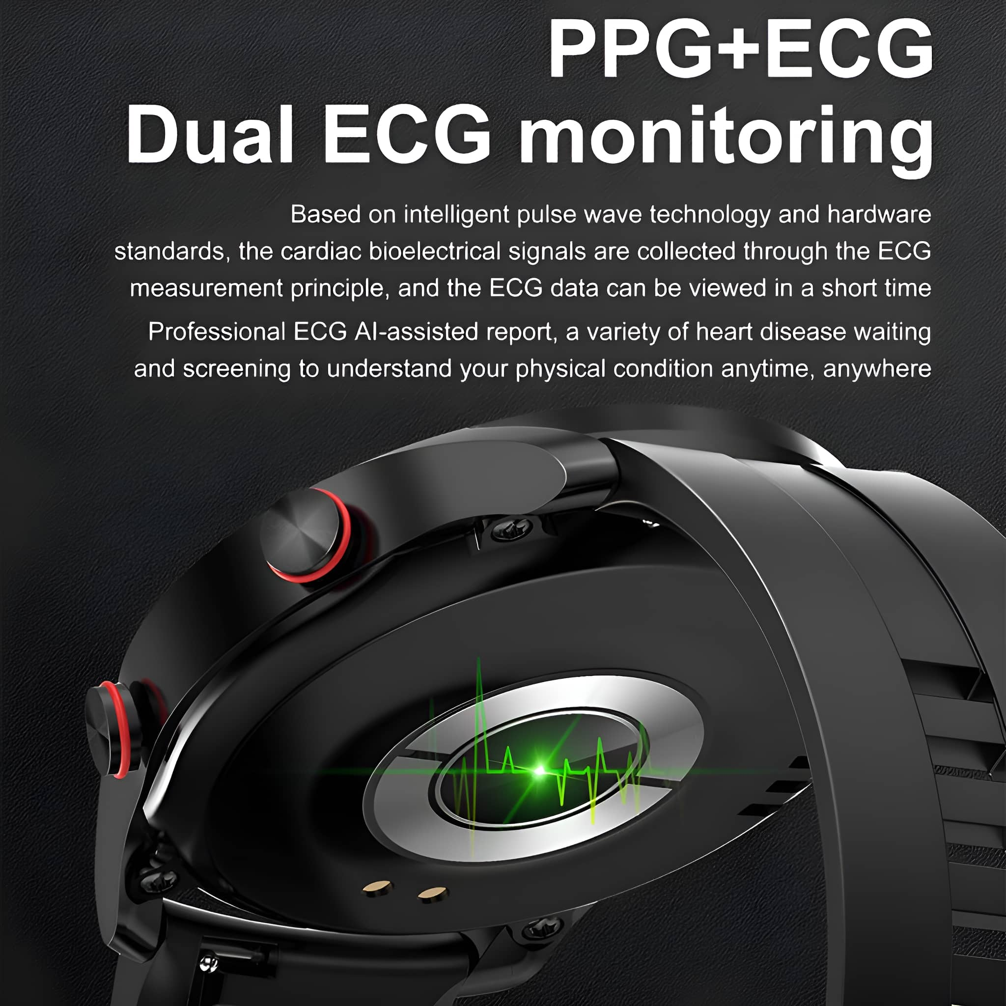 Nahaufnahme einer schwarzen Smartwatch mit grünem Pulswellen-Diagramm. Text über duale EKG-Überwachung.