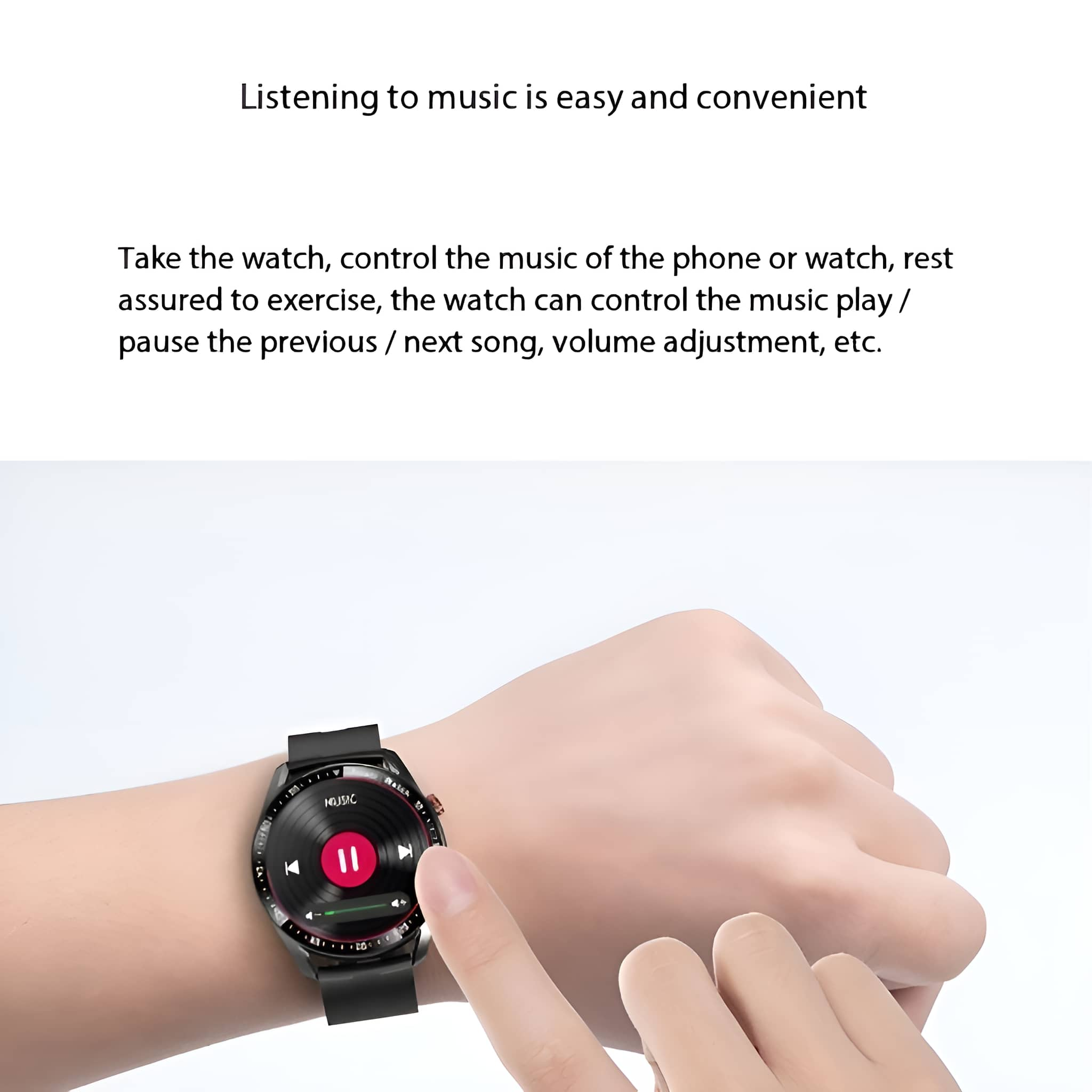 Die Hand einer Person berührt eine Smartwatch mit Musikbedienoberfläche.