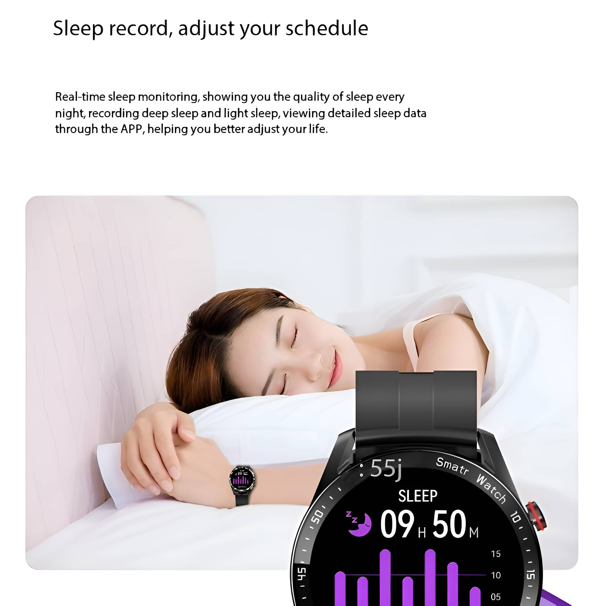 Eine Person, die eine Smartwatch trägt und schläft, wobei die Uhr Schlafinformationen und die Zeit anzeigt.