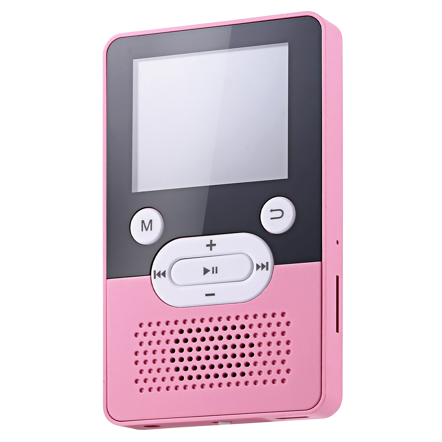 Ein rosa MP3-Player mit Knöpfen und einem kleinen Bildschirm.