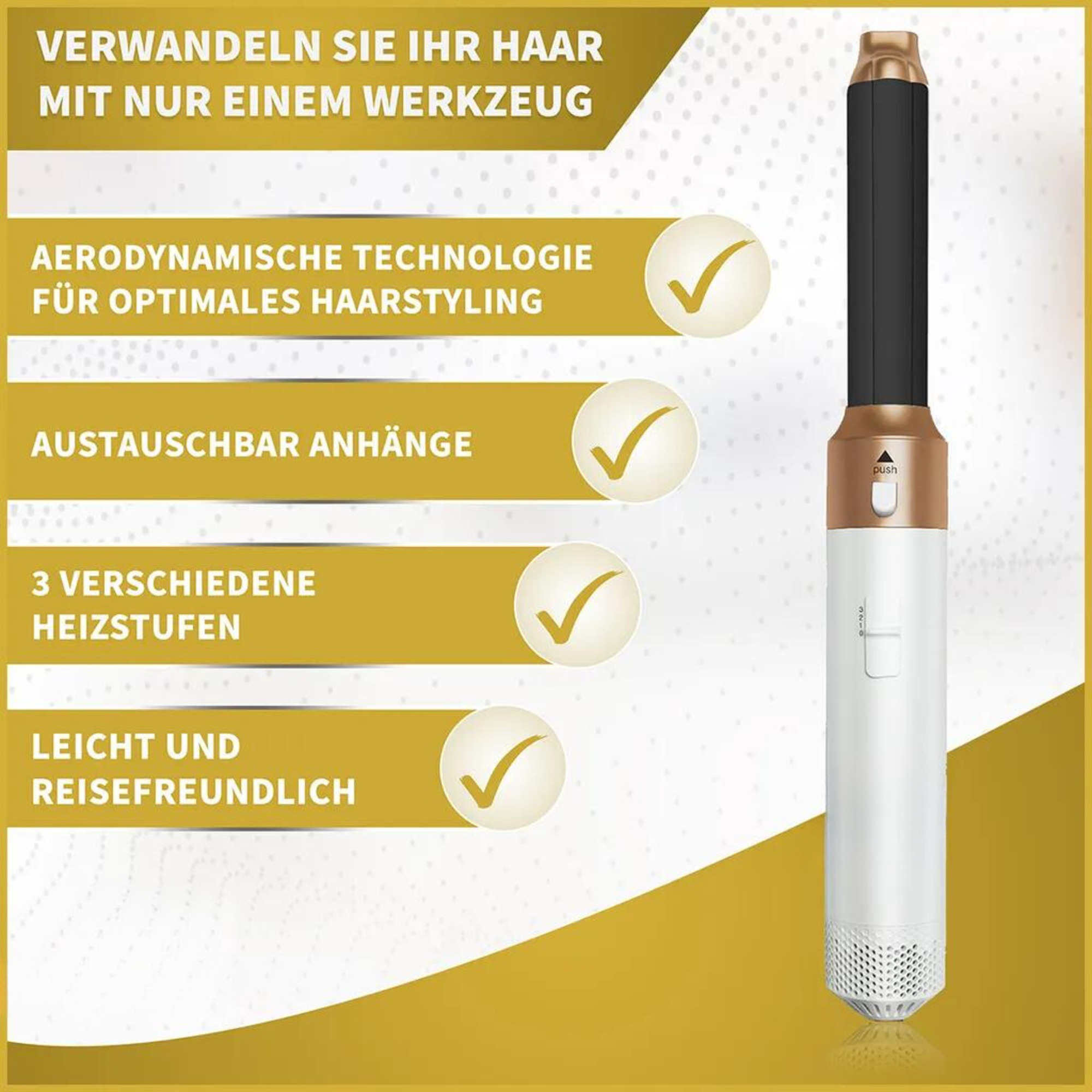 Ein weißer und goldener Haarglätter mit schwarzen Elementen und vier Funktionen.