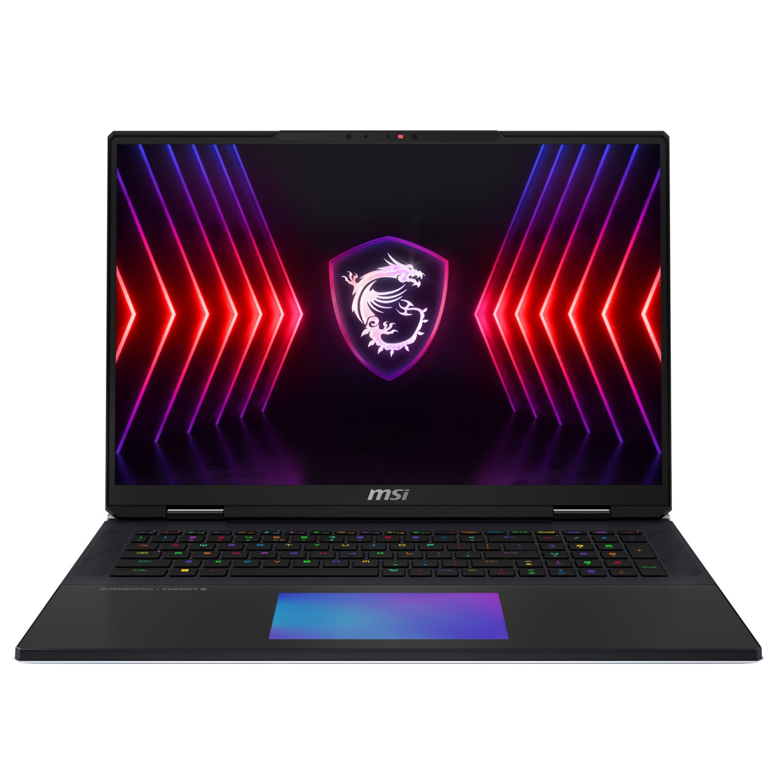 Schwarzer Laptop mit farbenfroher Bildschirmanzeige. Weißer Hintergrund.