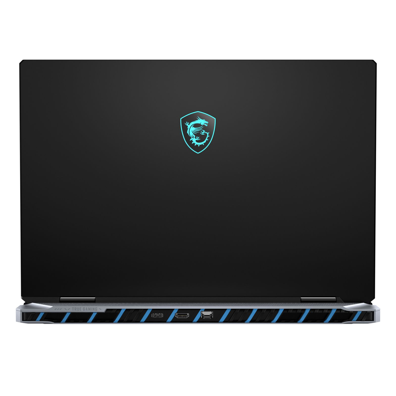 Ein schwarzes Laptop, die Rückseite zeigend, mit Logo und Design unten.