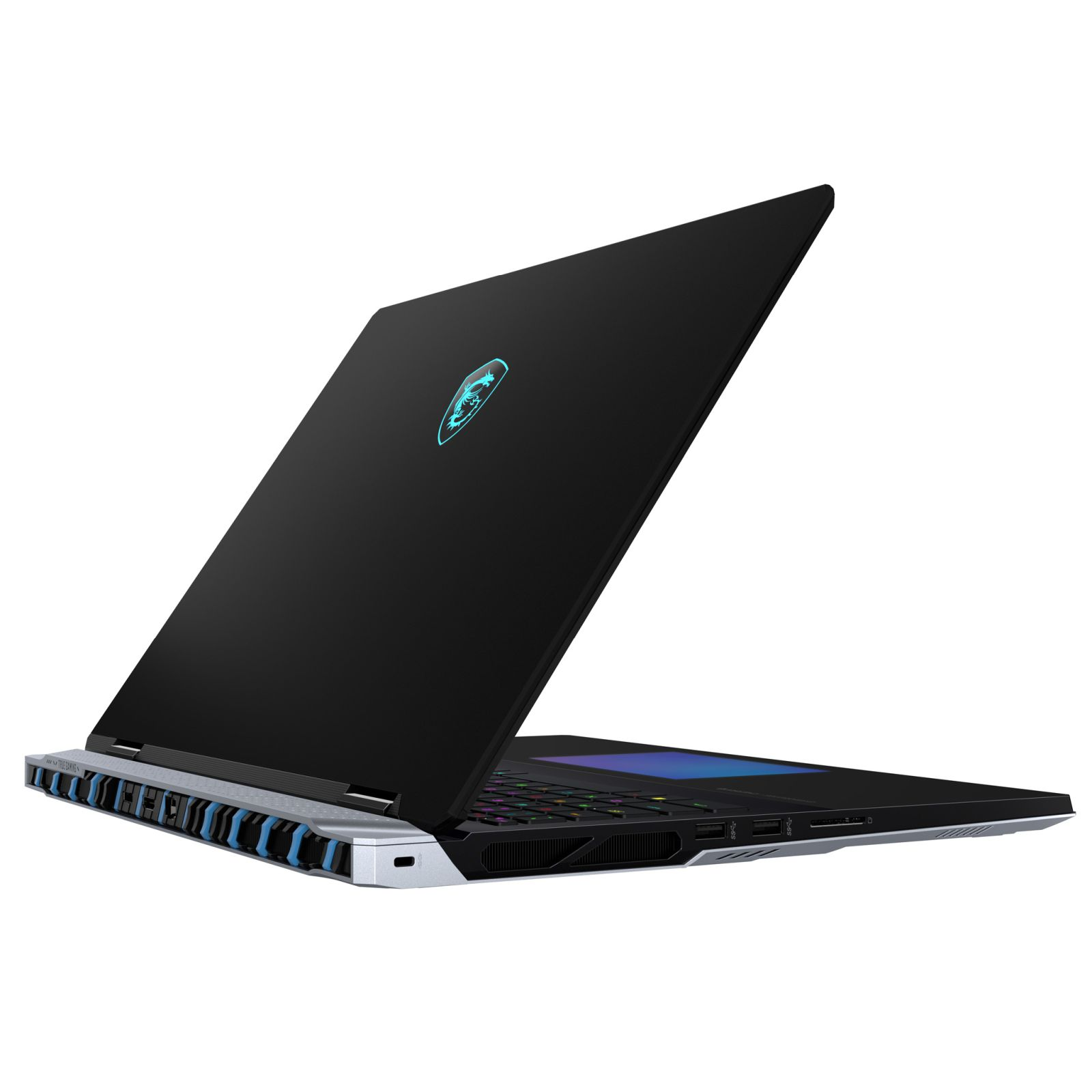 Schwarzer Laptop mit offenem Bildschirm auf weißem Hintergrund.