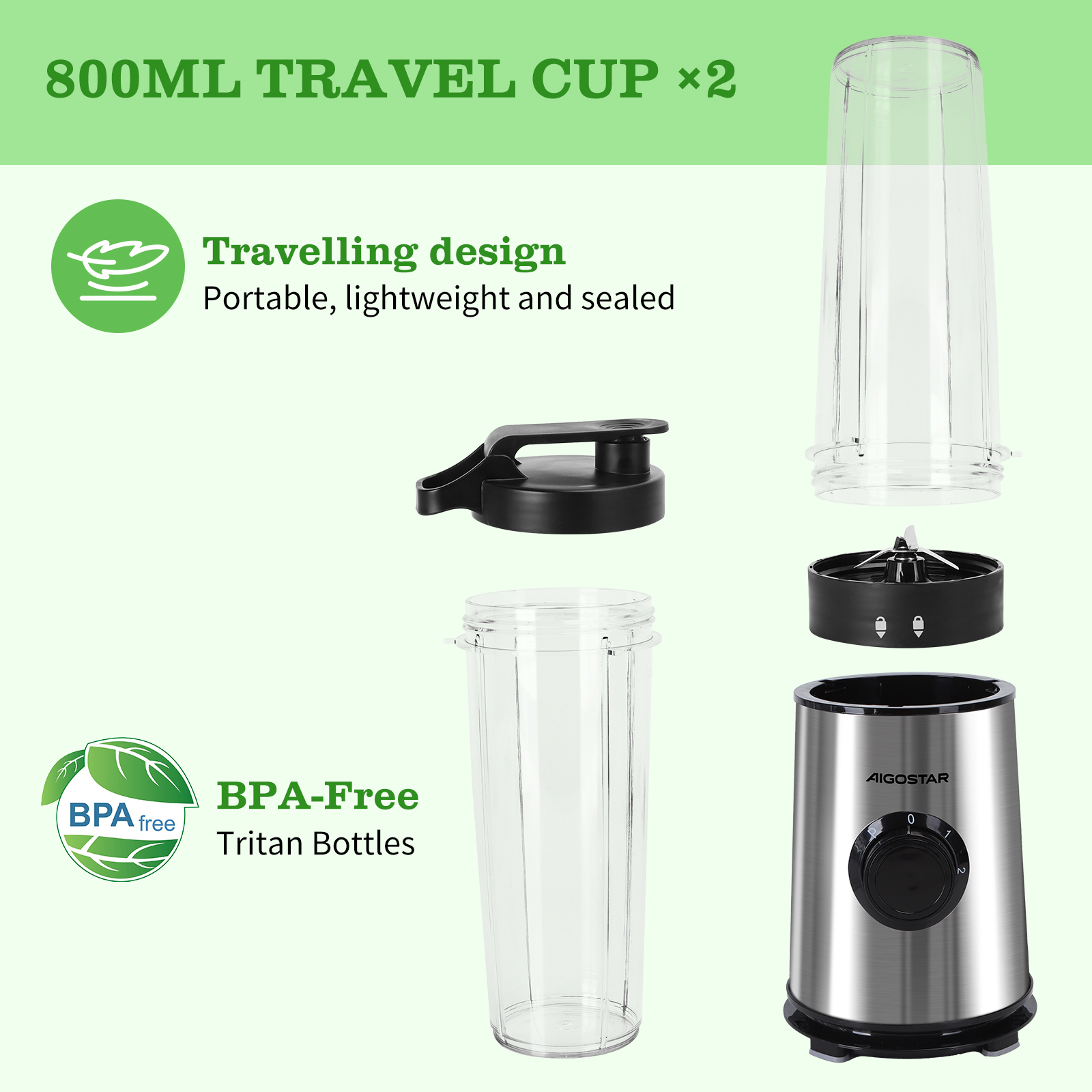 Componentes de taza de viaje transparente con base de licuadora. Texto indica 800ml capacidad.
