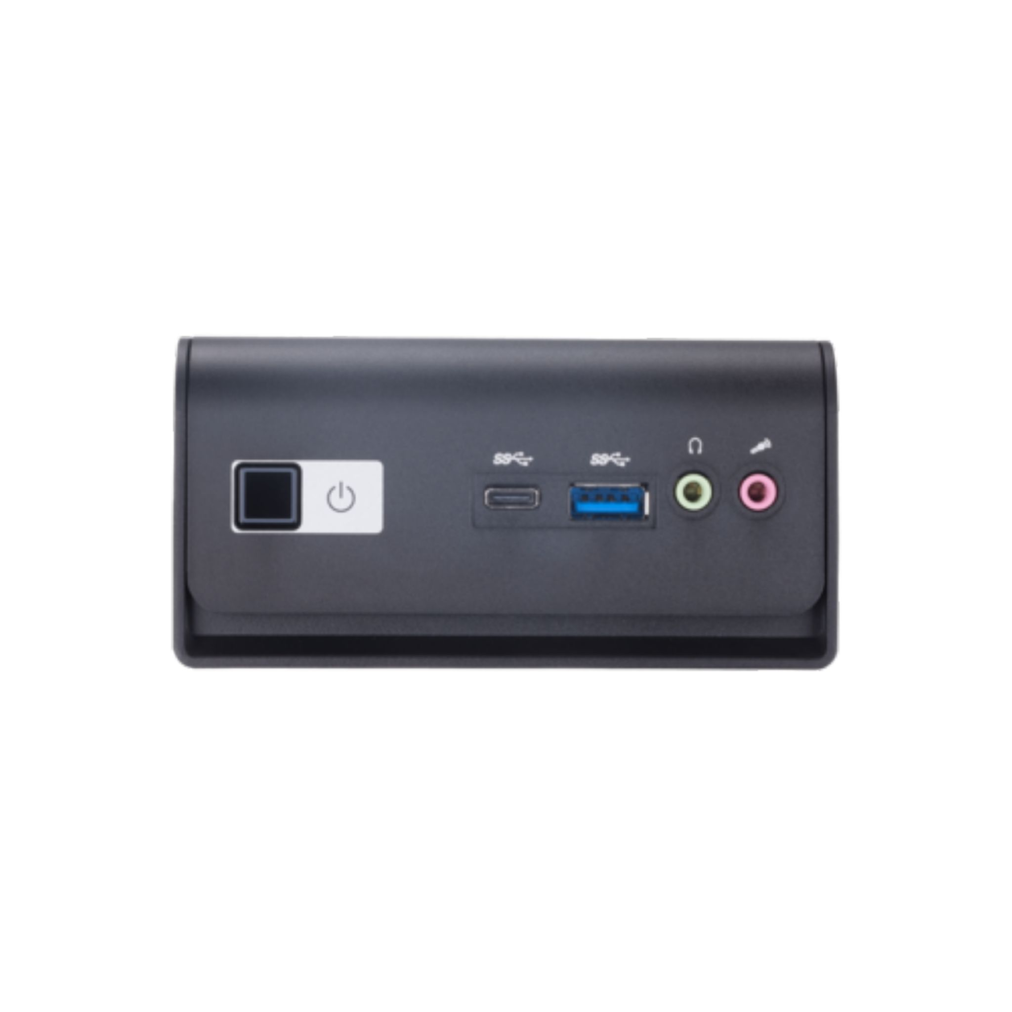 Ein schwarzes Gerät mit Strom- und USB-Anschlüssen, einem USB-C-Anschluss und Audioanschlüssen.