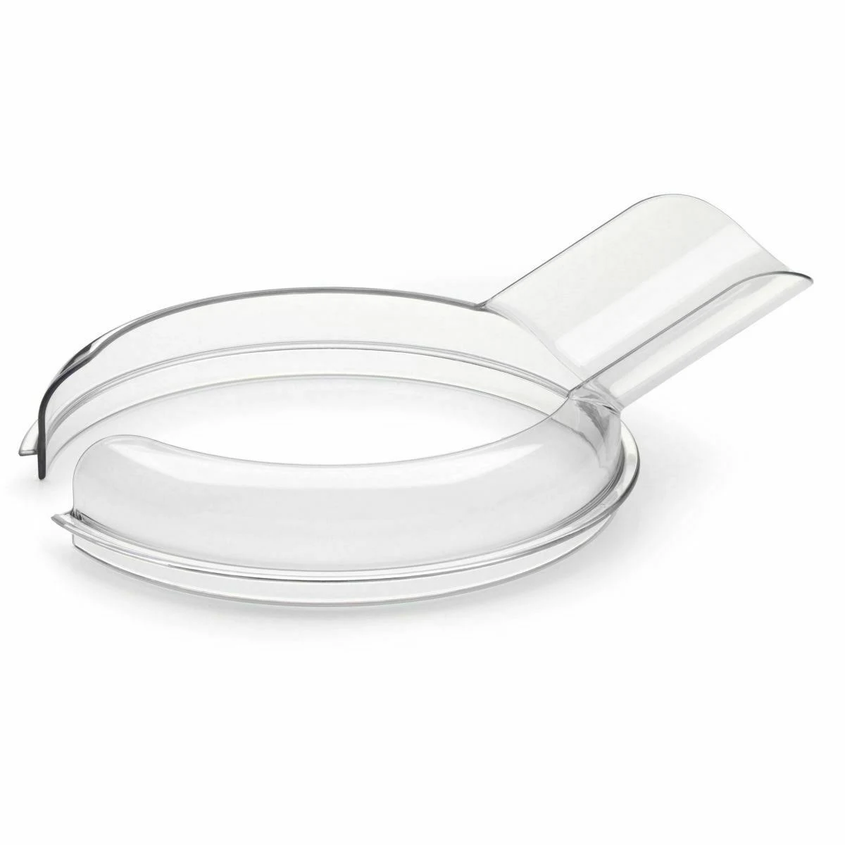 Beyaz arka plan üzerinde gösterilen, kulplu şeffaf plastik kapak. Oval şekilli.