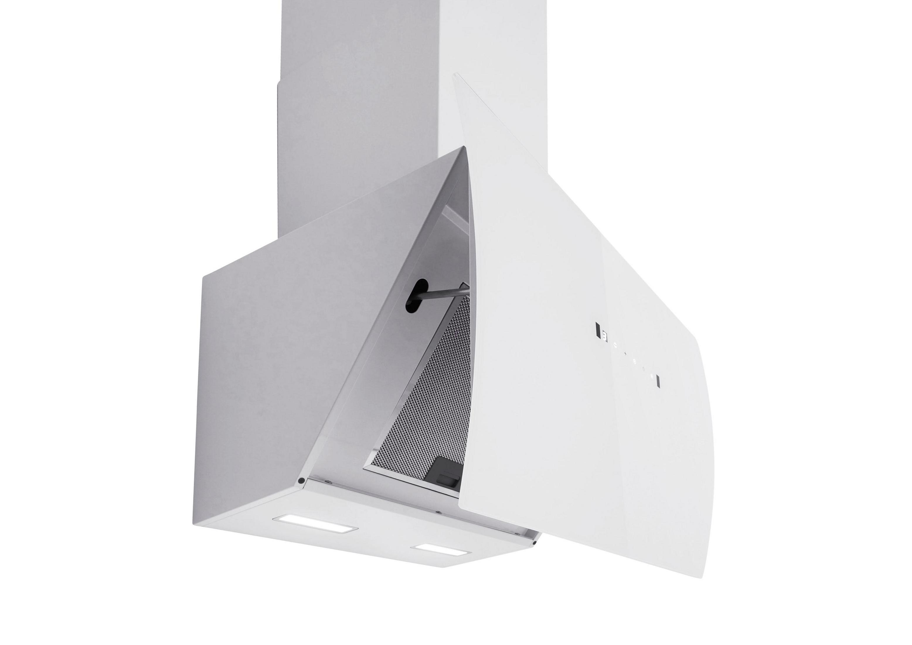 White kitchen hood, open and suspended, with lights and a mesh filter.