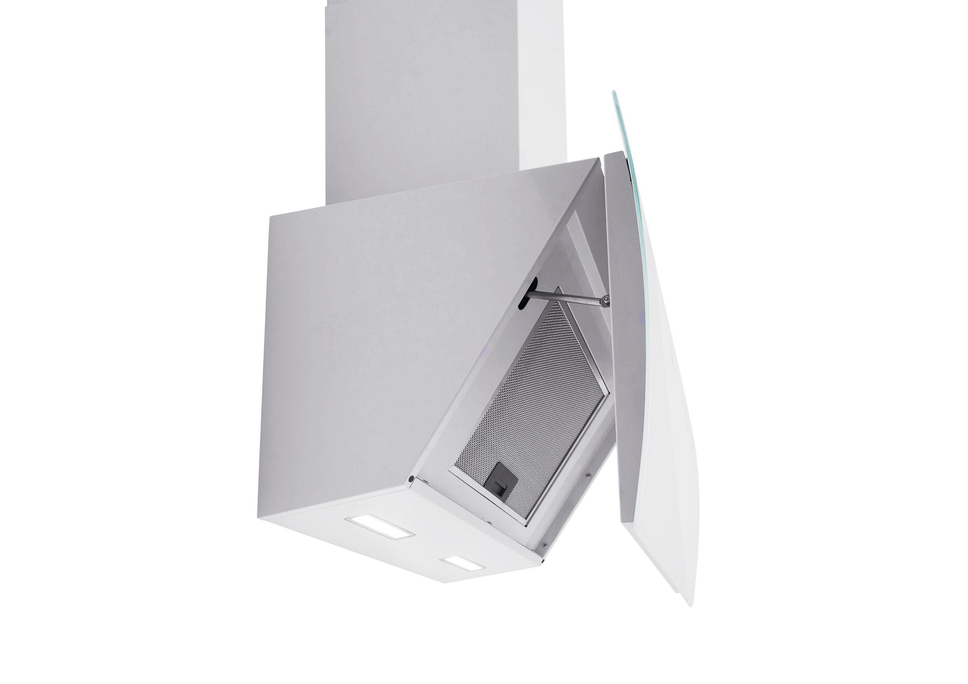 White range hood with a glass panel, lights, and a filter inside. White background.