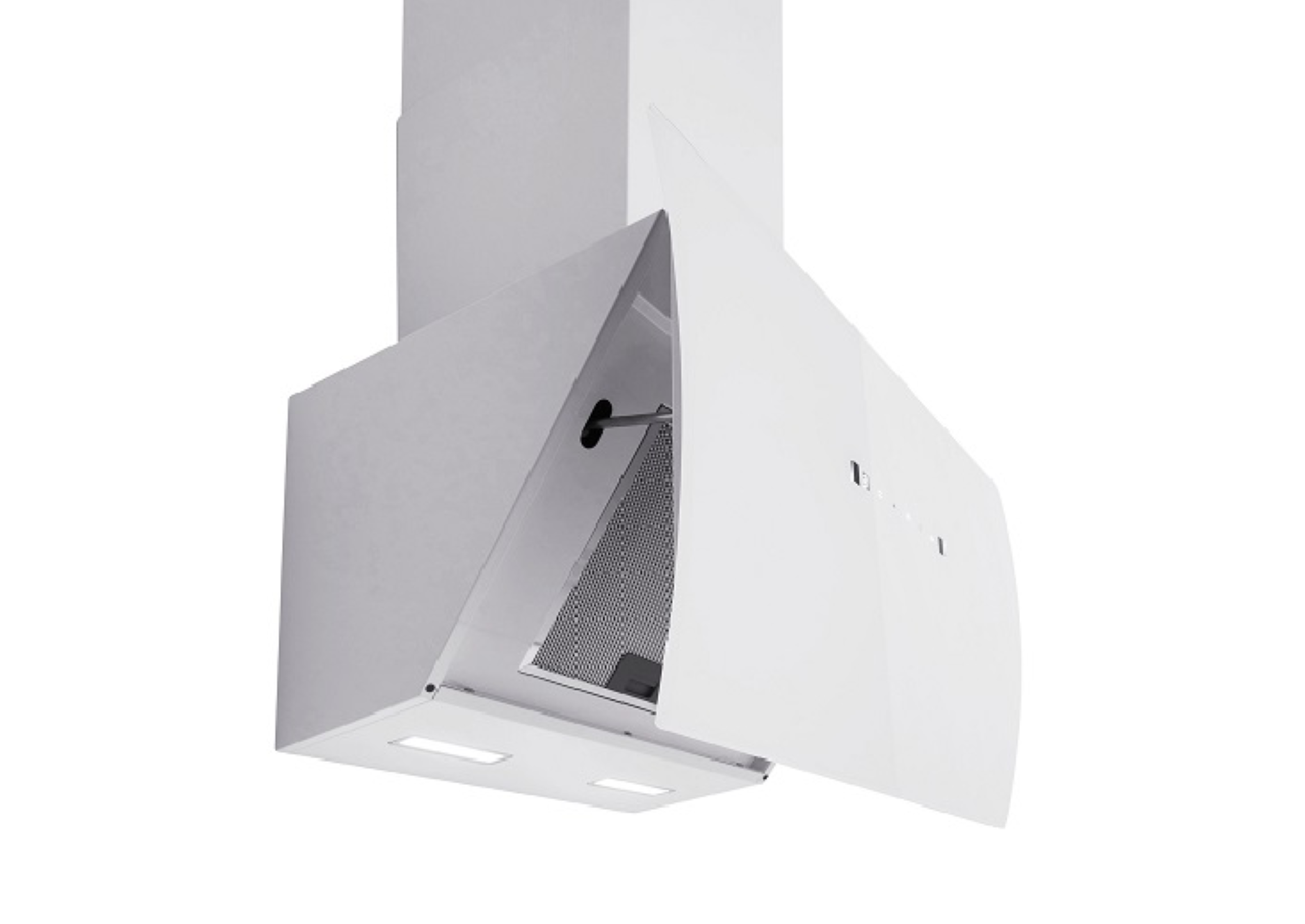 White range hood with an open front panel, showing the filter and interior.