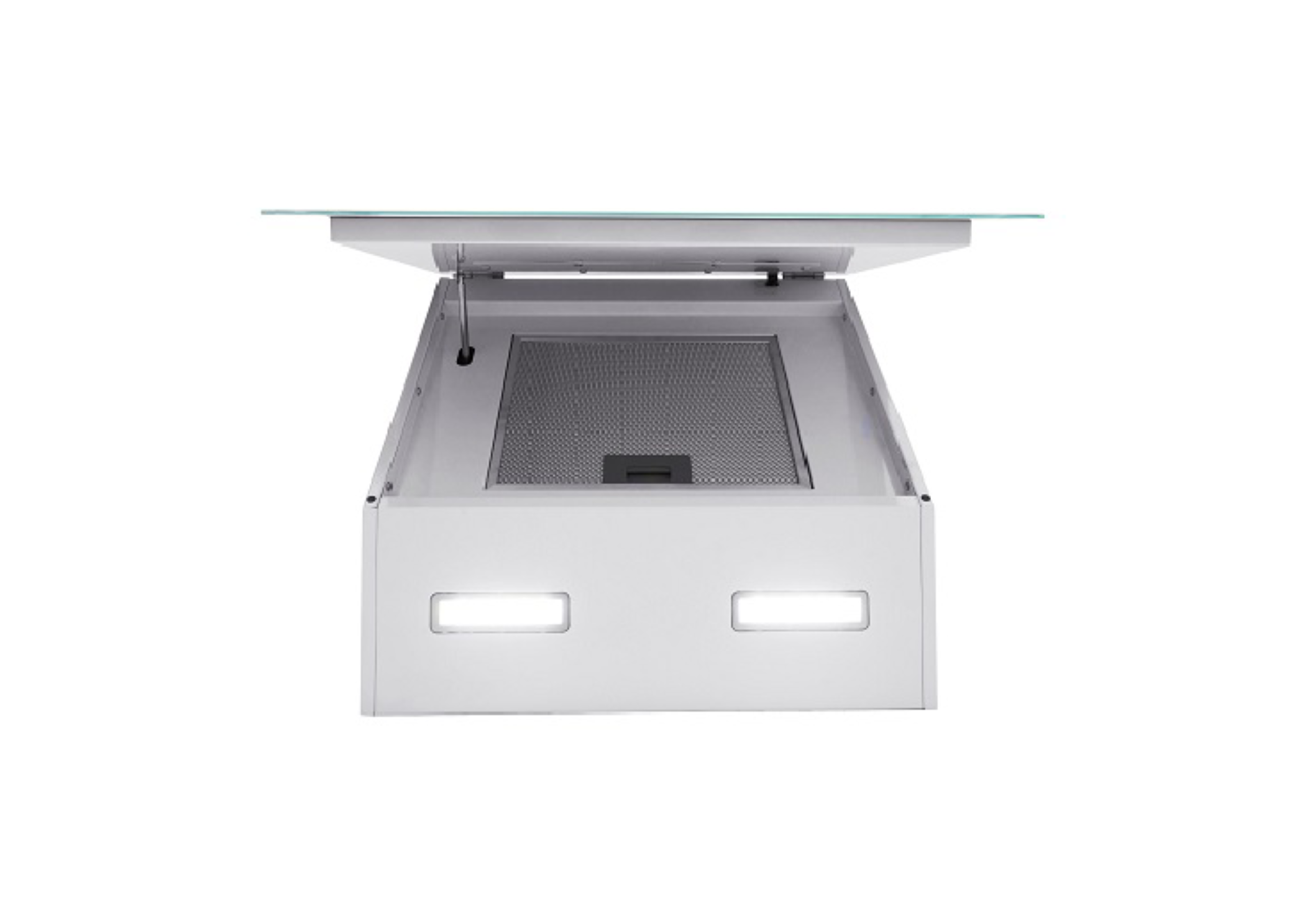 White range hood, top is open, with glass. Two lights are on the bottom. The background is white.