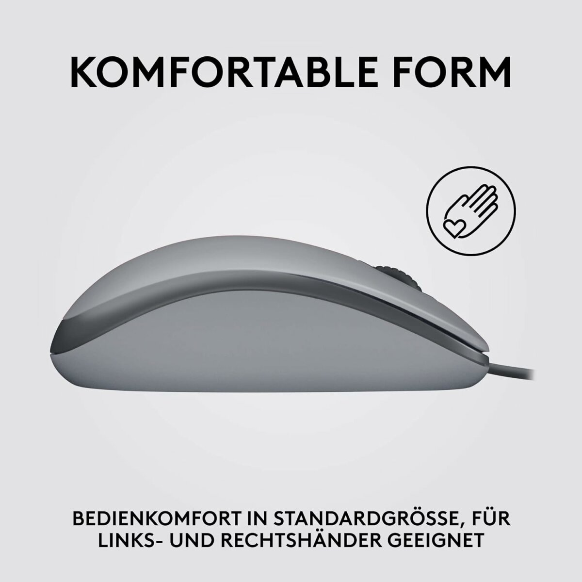 Szara mysz komputerowa z boku, z czarnym kółkiem przewijania i tekstem 'KOMFORTABLE FORM' powyżej.