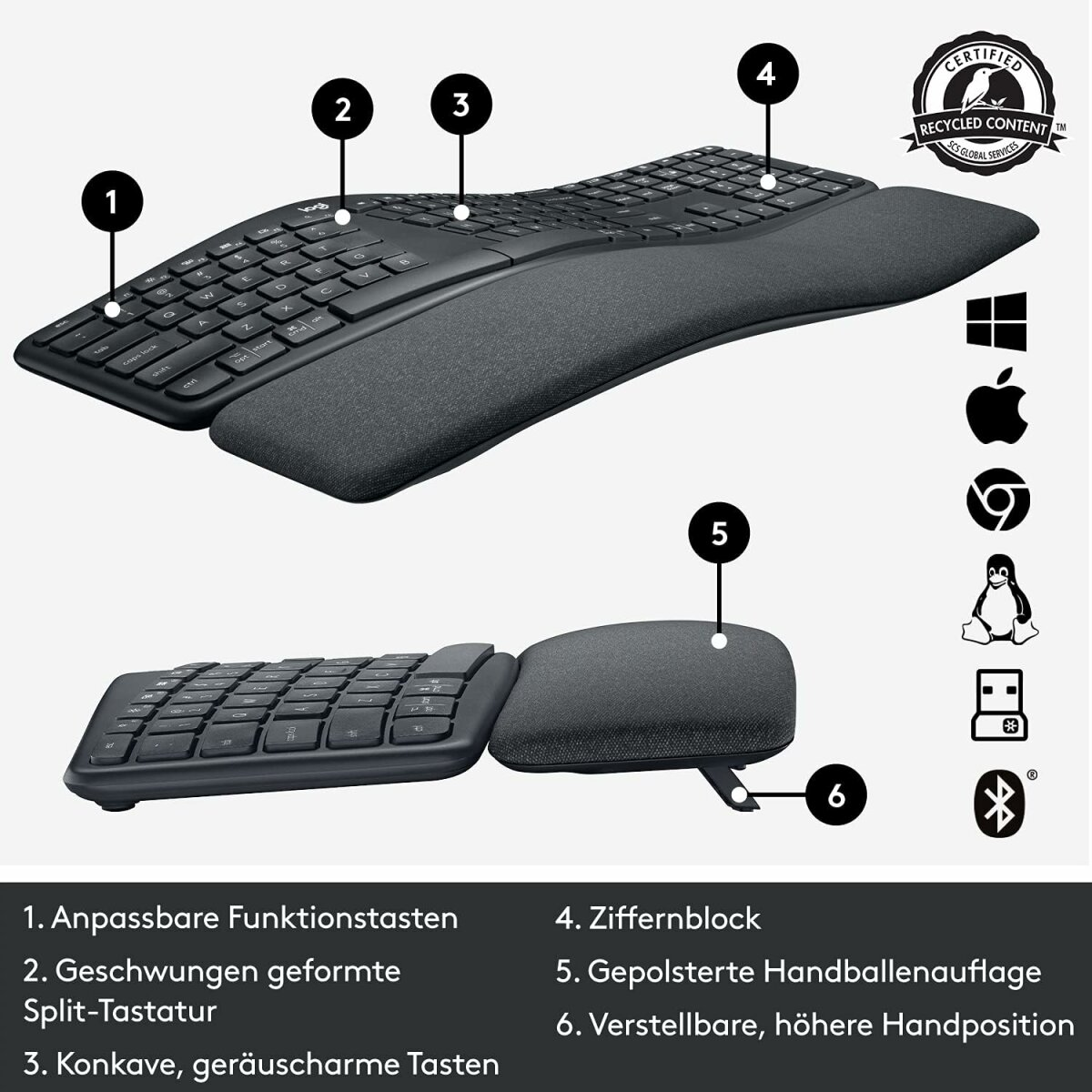 Ergonomische Tastatur mit geteiltem Design, gepolsterten Handgelenkauflagen und verschiedenen Funktionstasten.