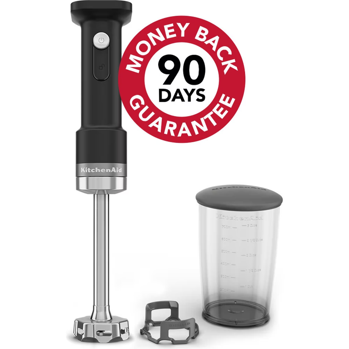 Un mixeur plongeant KitchenAid noir avec un verre doseur et des accessoires.