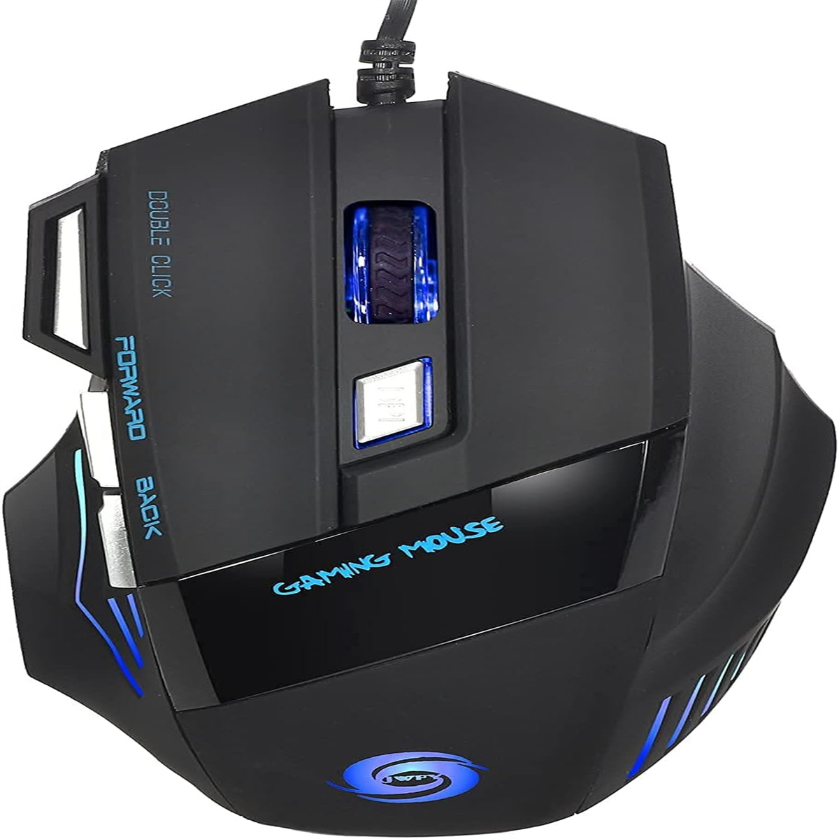 Schwarze Gaming-Maus mit blauen Lichtern. Hat Vorwärts-, Zurück- und Doppelklick-Etiketten.