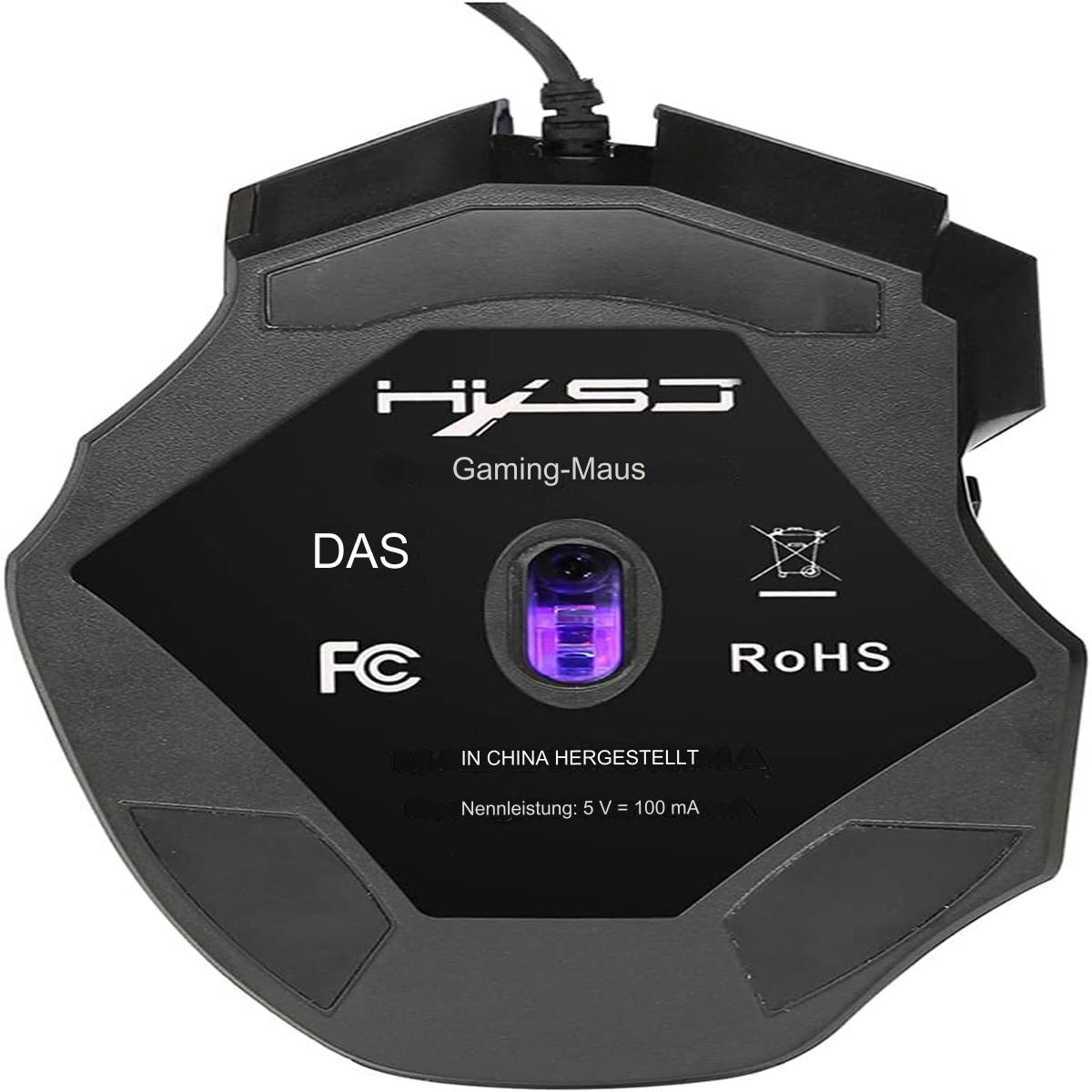 Gaming-Maus, schwarz mit lila Licht, von unten gesehen.