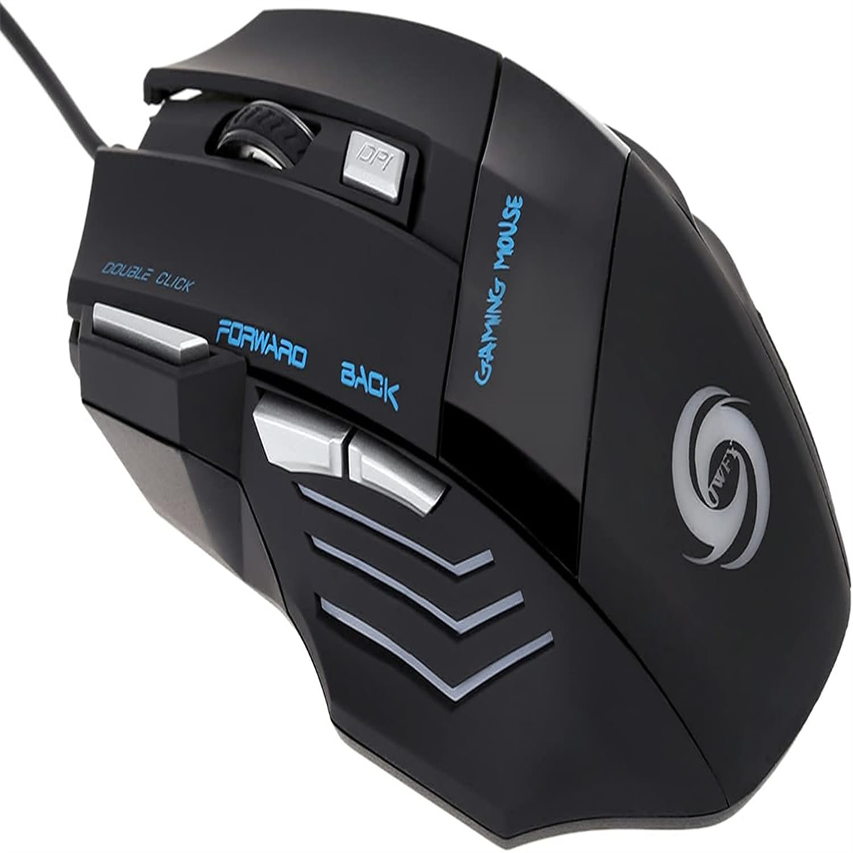 Schwarze Gaming-Maus mit blauen Akzenten. Mehrere Tasten und Scrollrad.