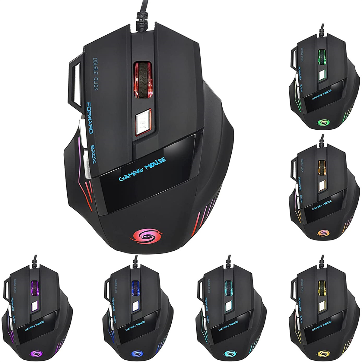 Schwarze Gaming-Maus mit mehreren Farboptionen, Vorwärts-/Rückwärts-Tasten und einem Scrollrad.