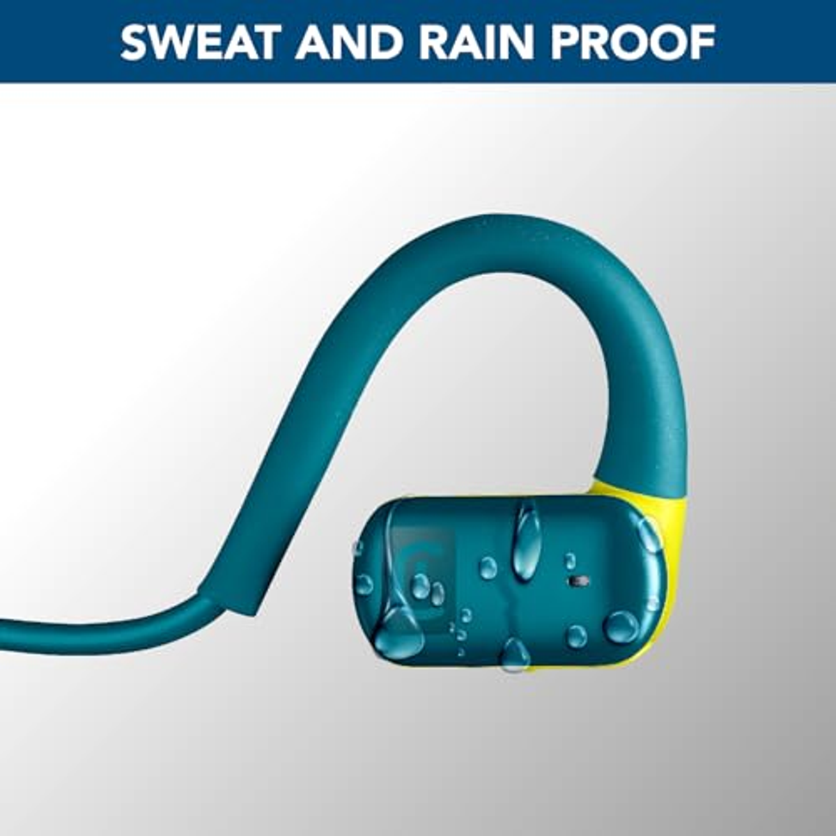 Auricular deportivo turquesa y amarillo, gotas de agua, texto 'SWEAT AND RAIN PROOF'.