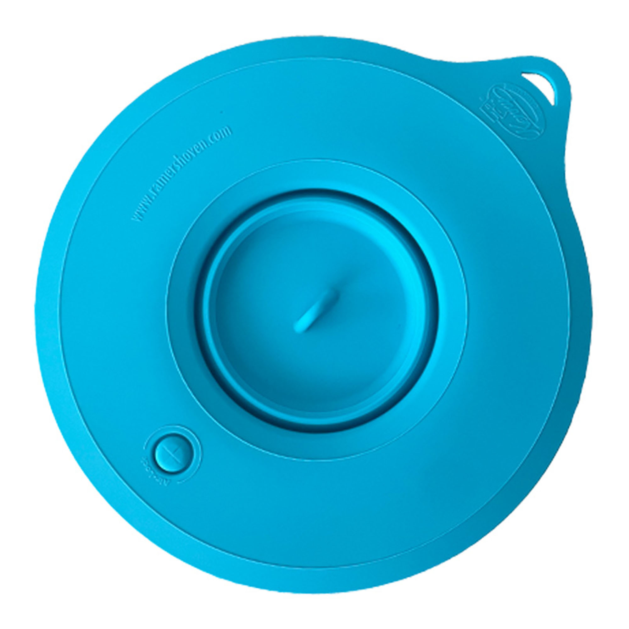 Runder blauer Silikondeckel mit kleinem Griff, zum Abdecken eines Behälters bestimmt.
