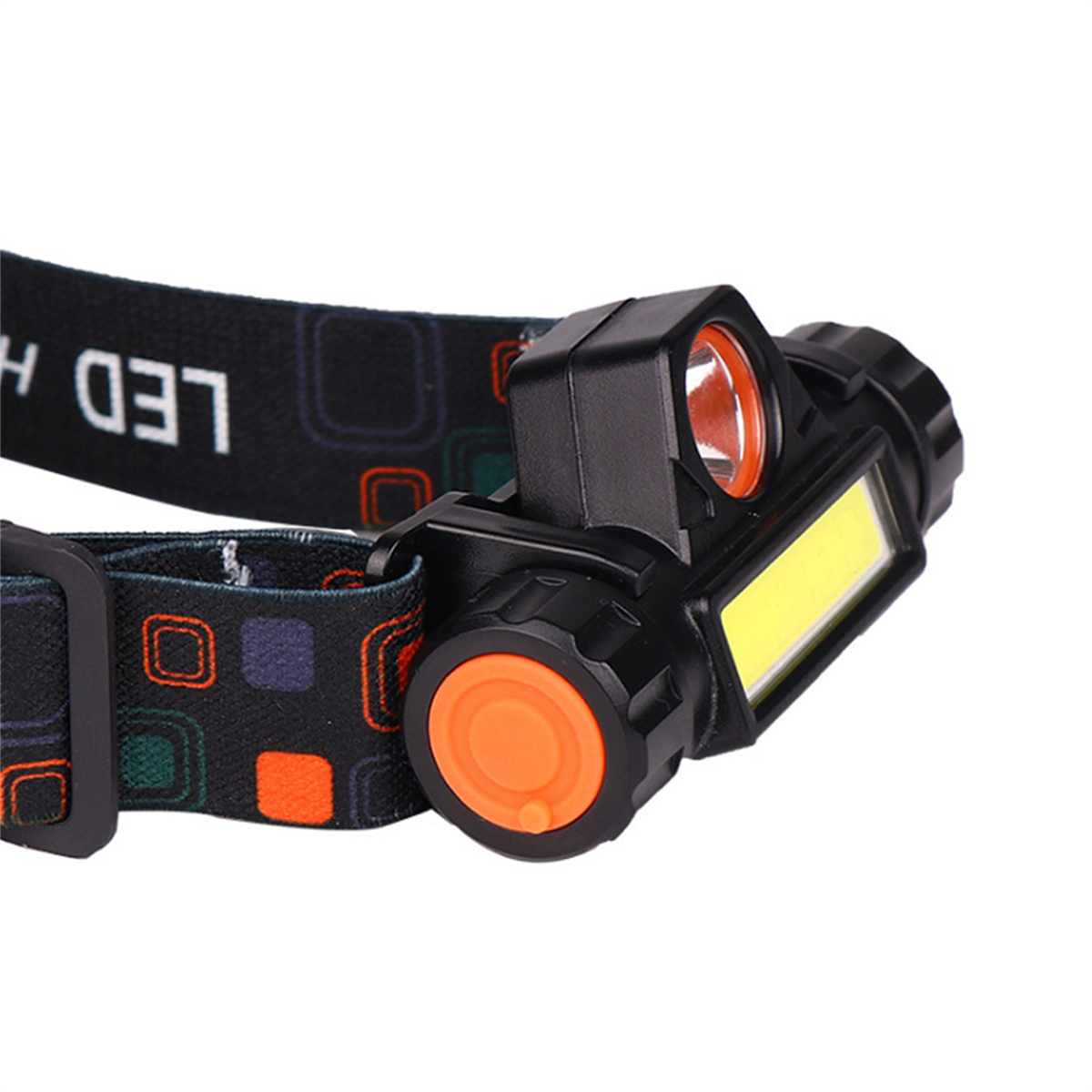 Stirnlampe mit schwarzen und orangefarbenen Akzenten, abgewinkelt auf weißem Hintergrund.