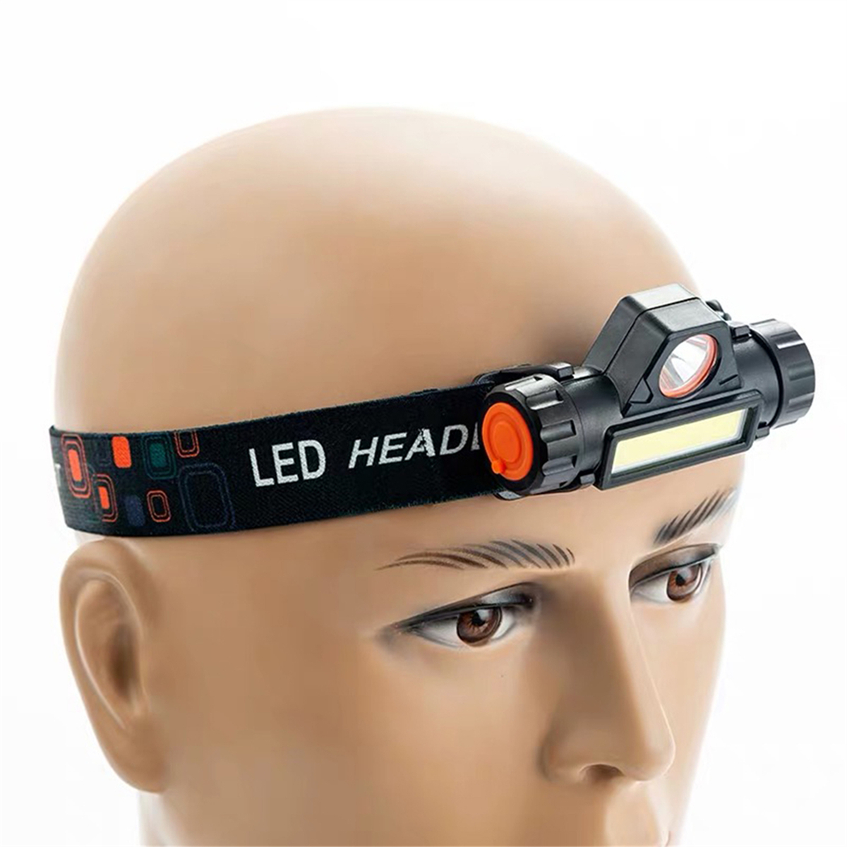 Ein Mann, der eine schwarze LED-Stirnlampe vor weißem Hintergrund trägt.