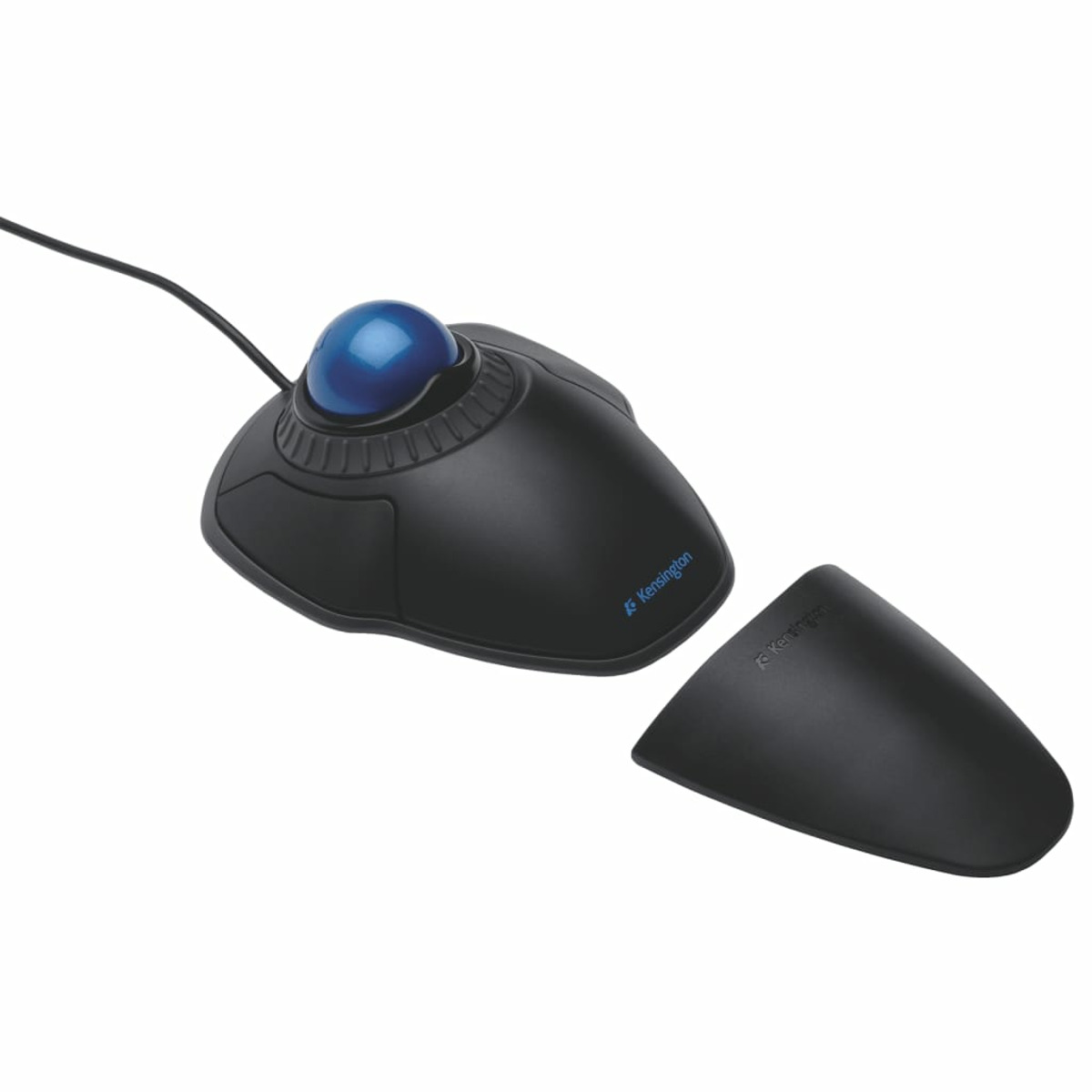 A black trackball mouse with a blue ball, and the cover is removed to the side.