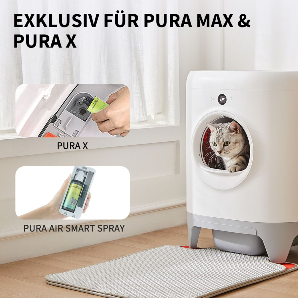 Weiße Katzenstreu-Box mit Katze, Spray und Anweisungen.
