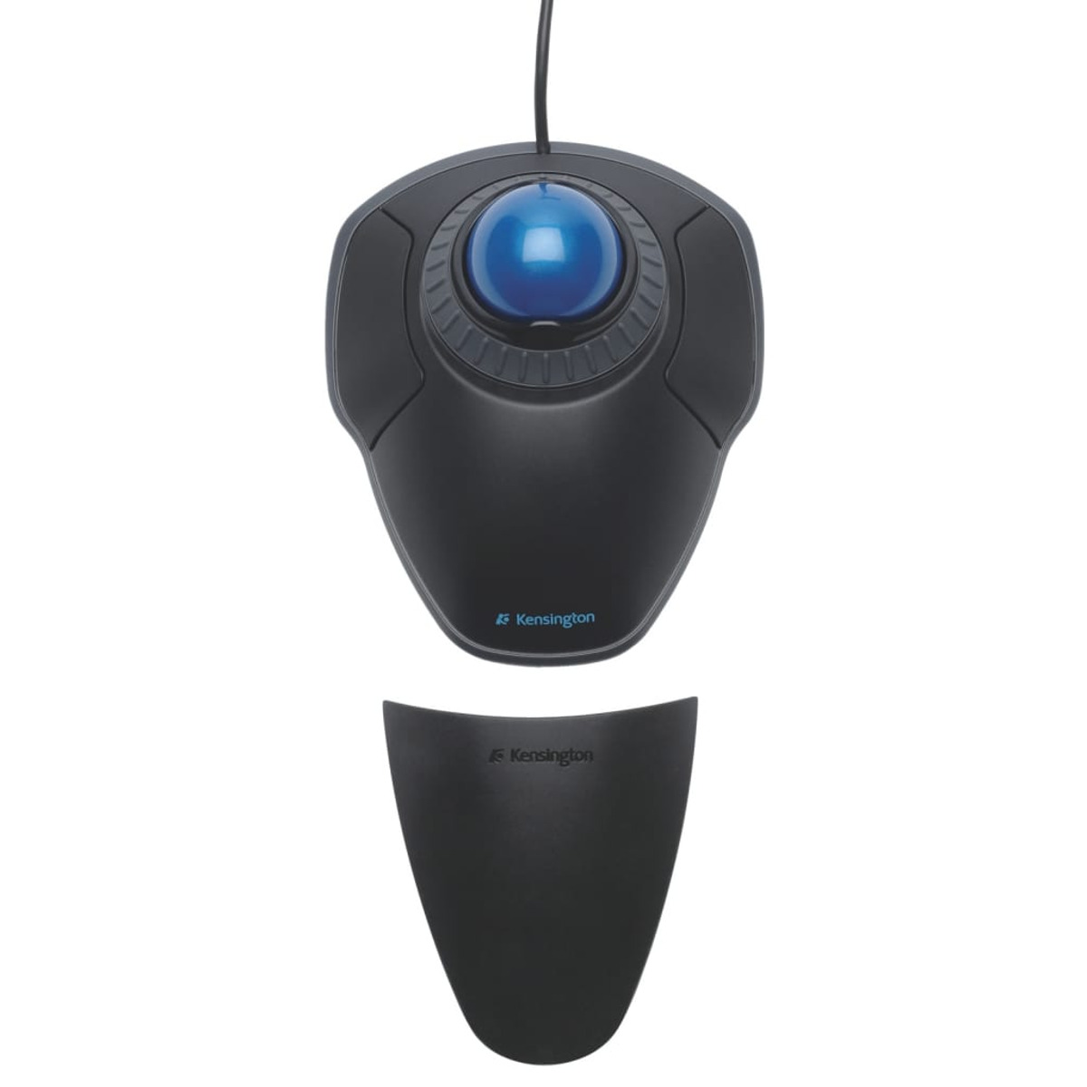 A black trackball mouse with a blue ball and a separate base, both with the Kensington logo.