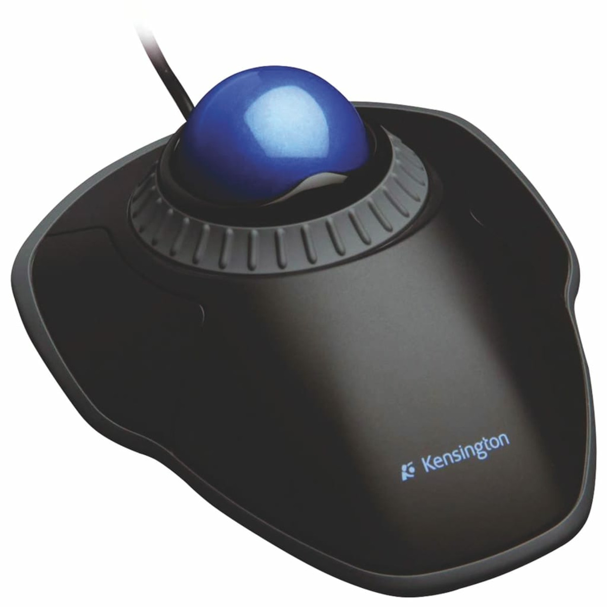 Black trackball mouse with a blue ball. The Kensington logo is visible.