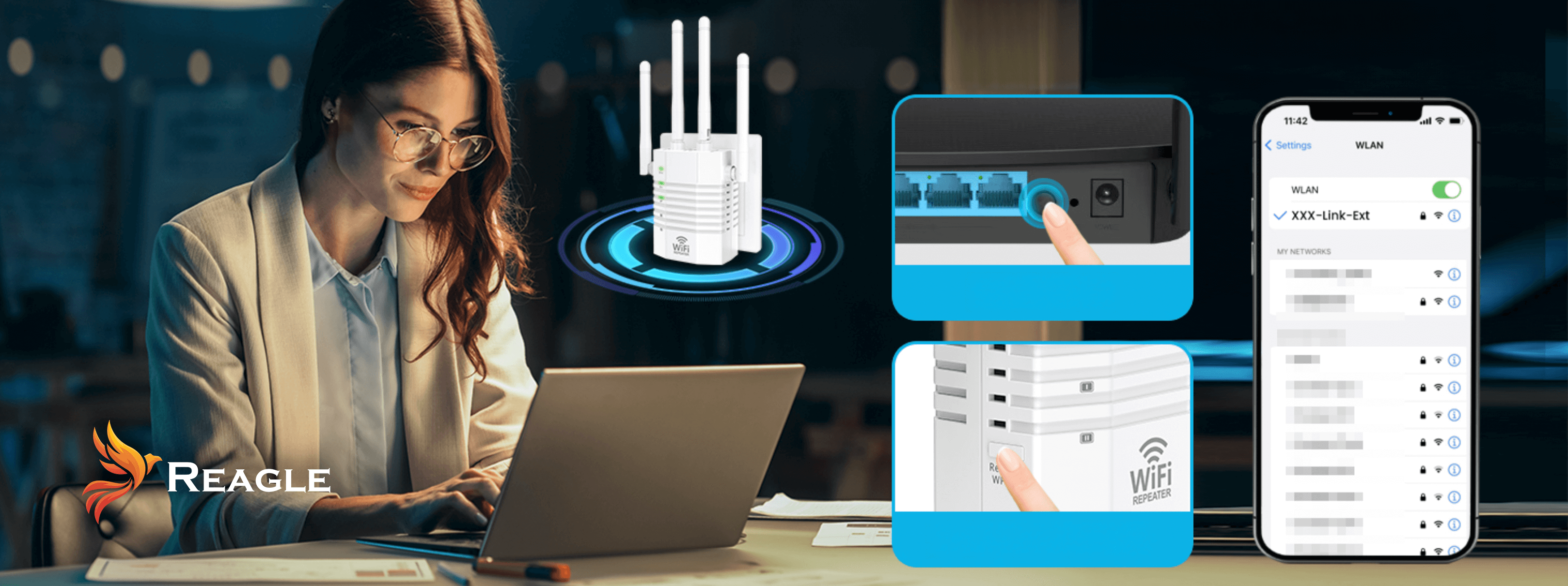 Kobieta używa laptopa z wzmacniaczem WiFi, ekran telefonu pokazuje ustawienia WiFi. Dodatkowe obrazy pokazują połączenia.